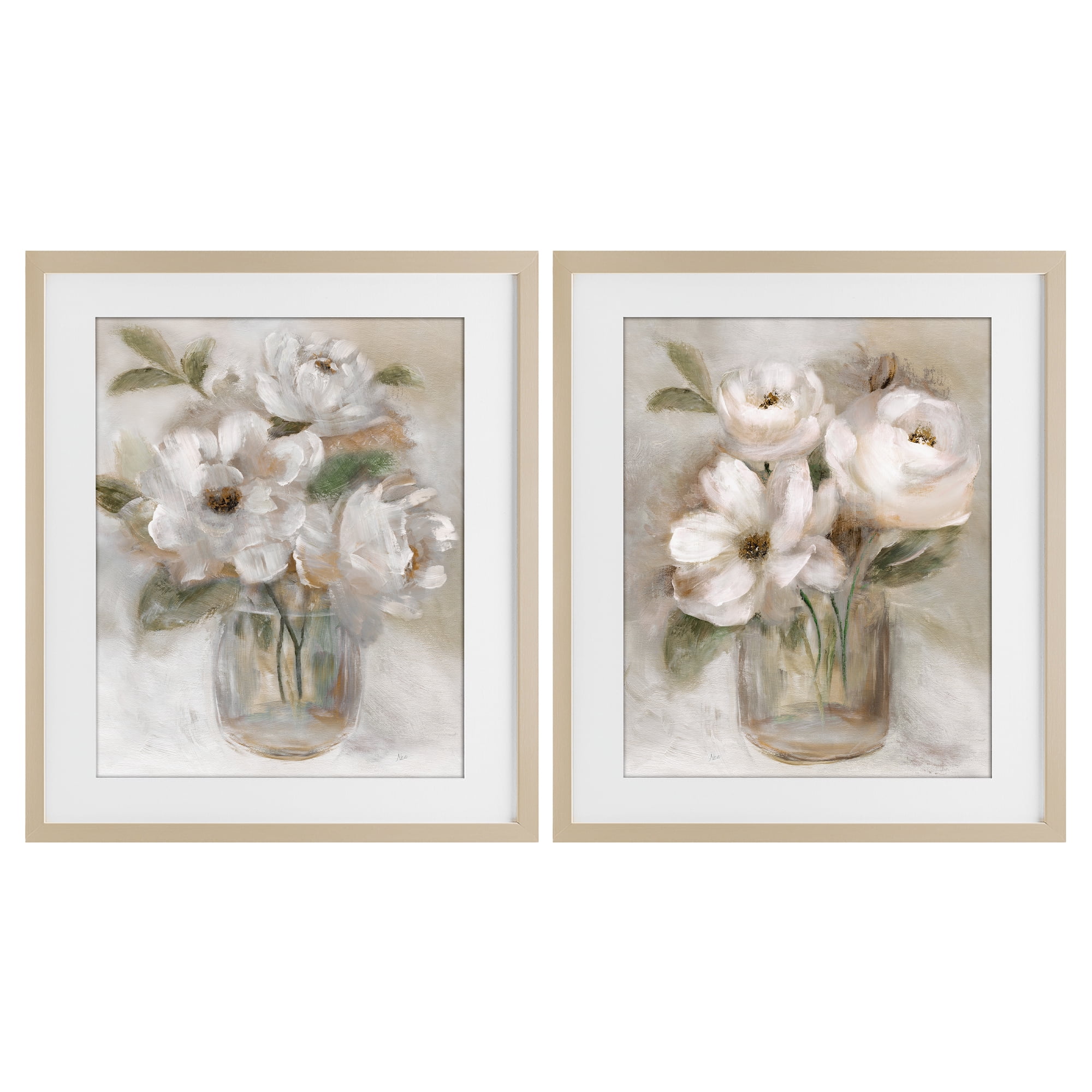 Stupell Industries Brushed White & Beige Roses 2 Piece Birch Framed Print Under Glass Set, design by Nan