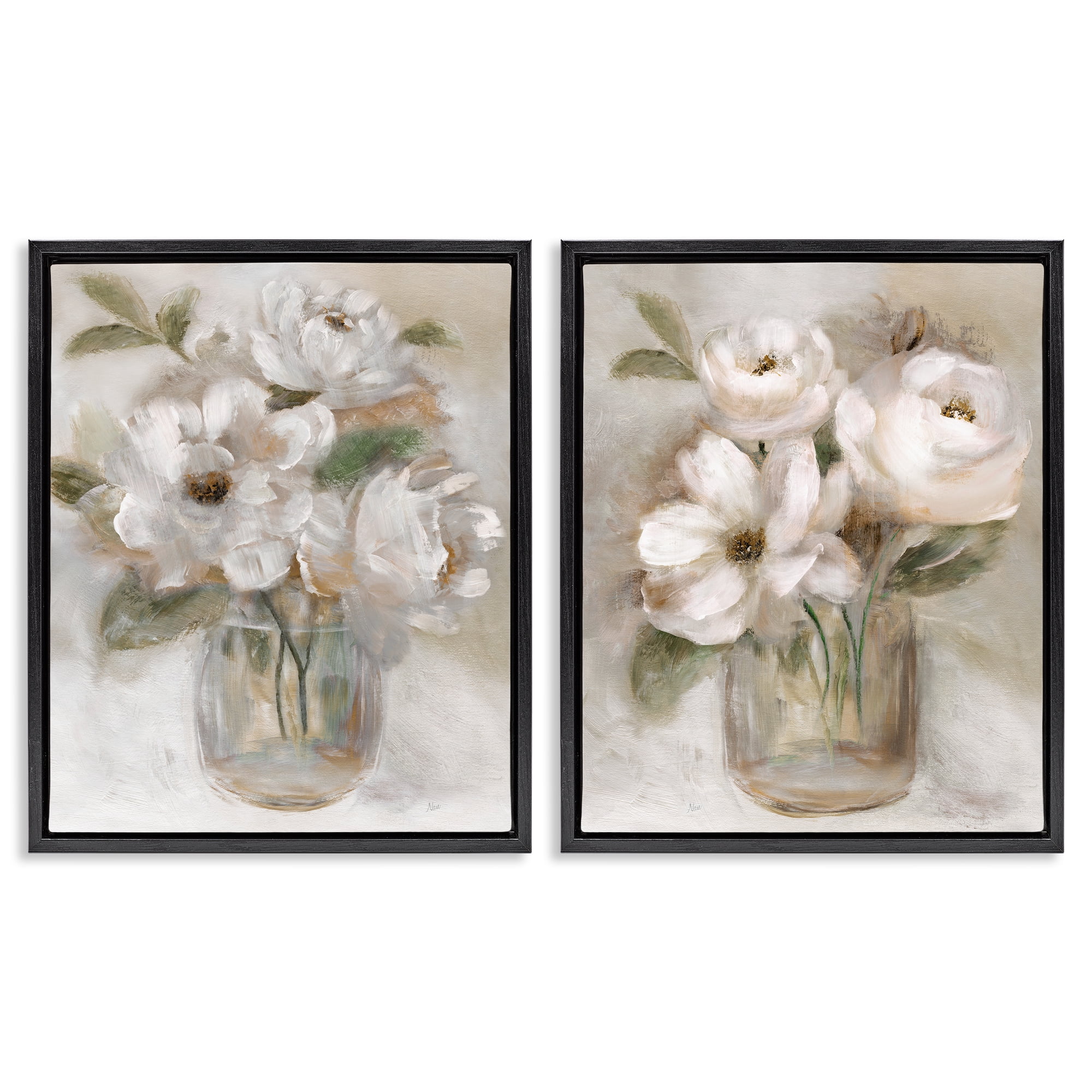 Stupell Industries Brushed White & Beige Roses 2 Piece Black Framed Floater Canvas Set, design by Nan