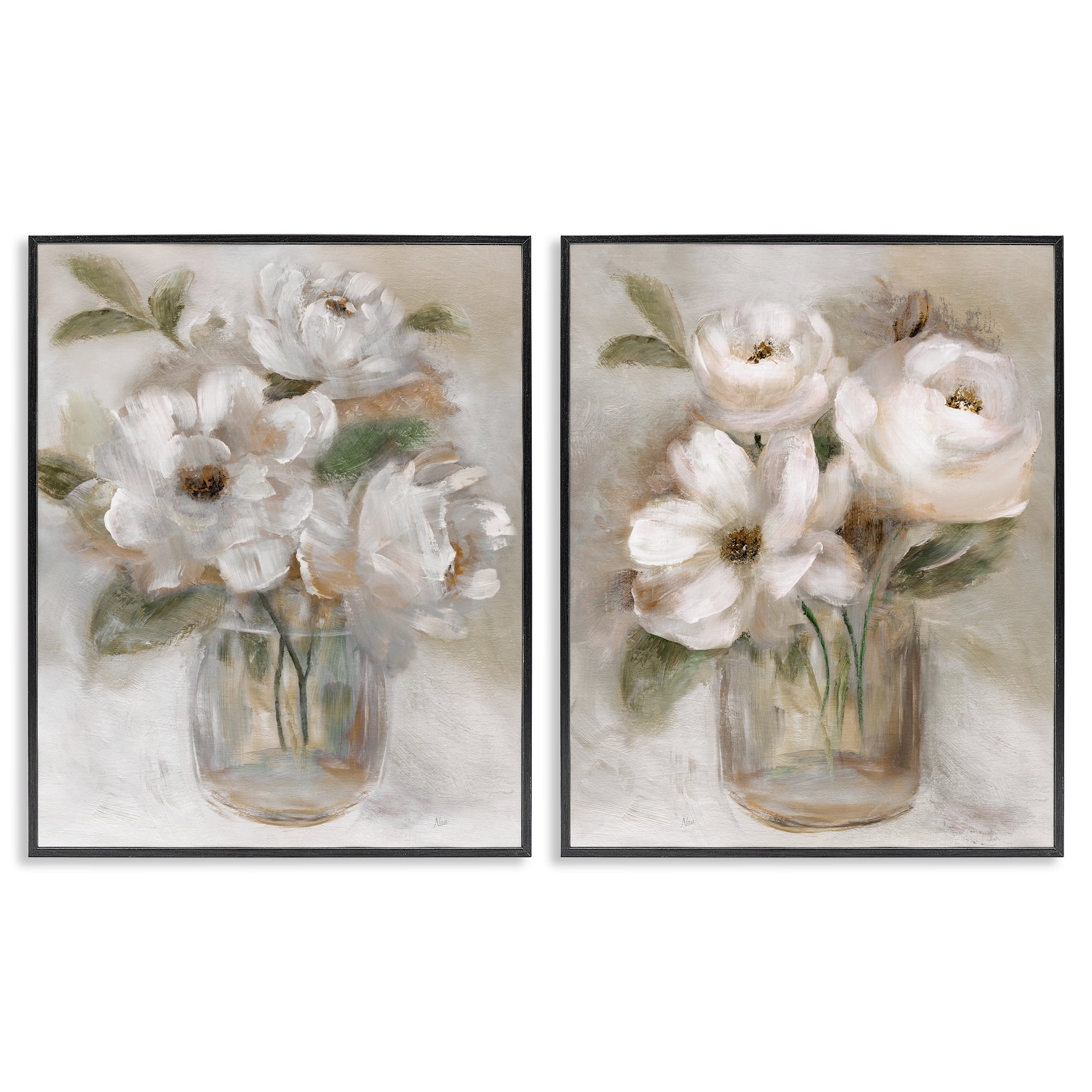 Stupell Industries Brushed White & Beige Roses 2 Piece Black Framed Giclee Art Set, design by Nan