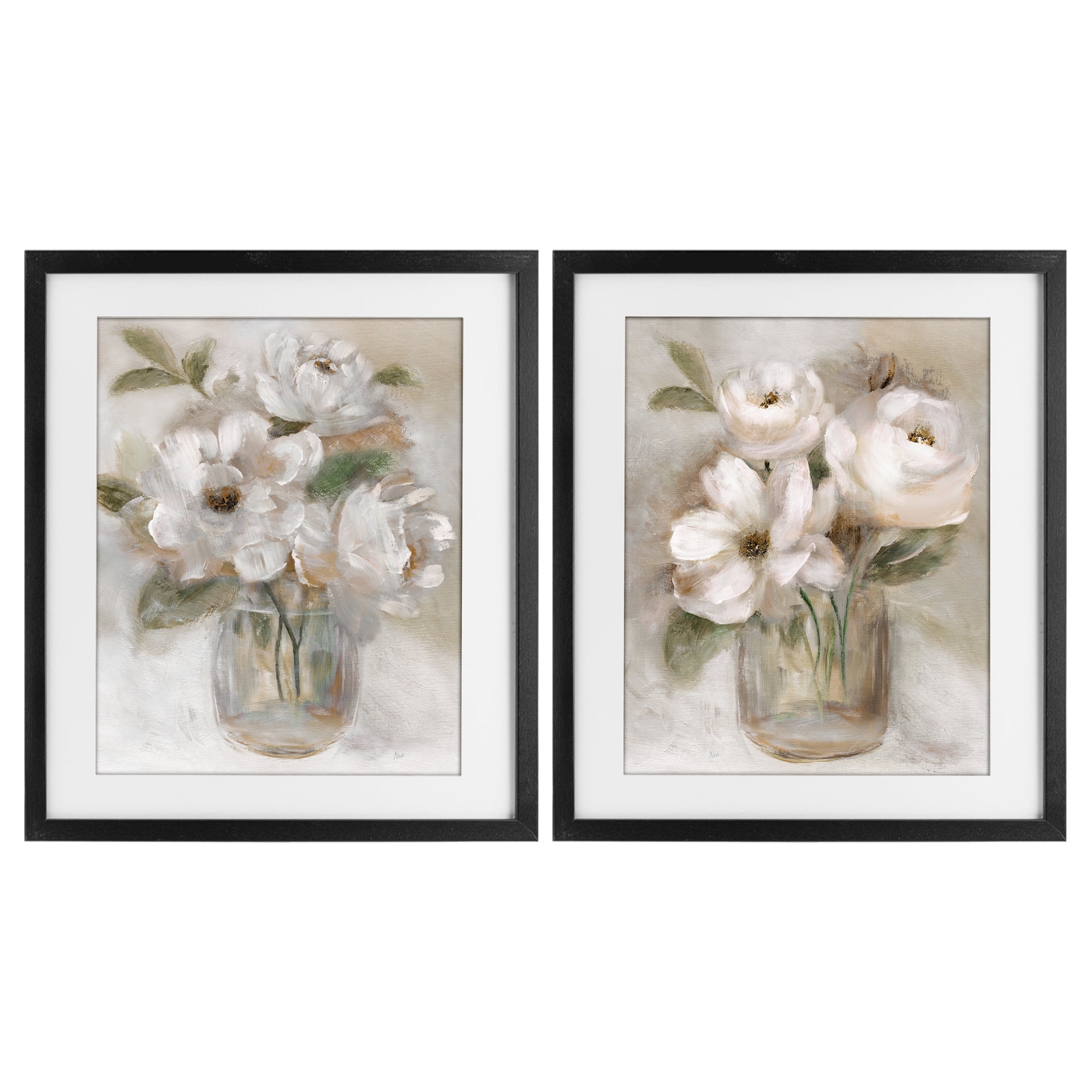 Stupell Industries Brushed White & Beige Roses 2 Piece Black Framed Print Under Glass Set, design by Nan