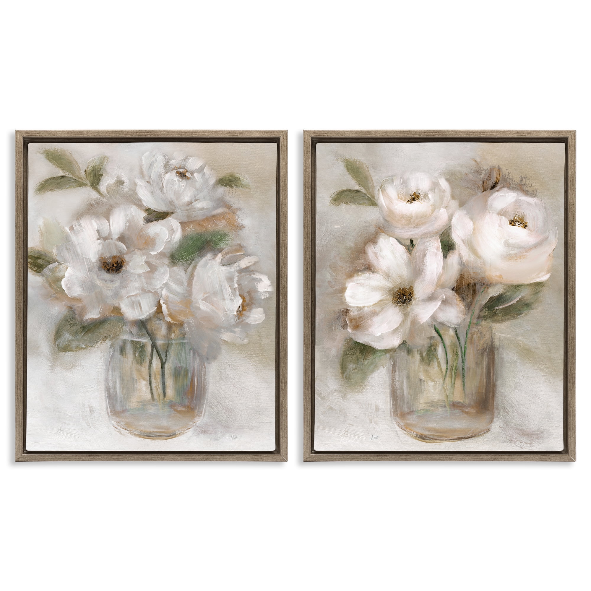 Stupell Industries Brushed White & Beige Roses 2 Piece Brown Framed Floater Canvas Set, design by Nan