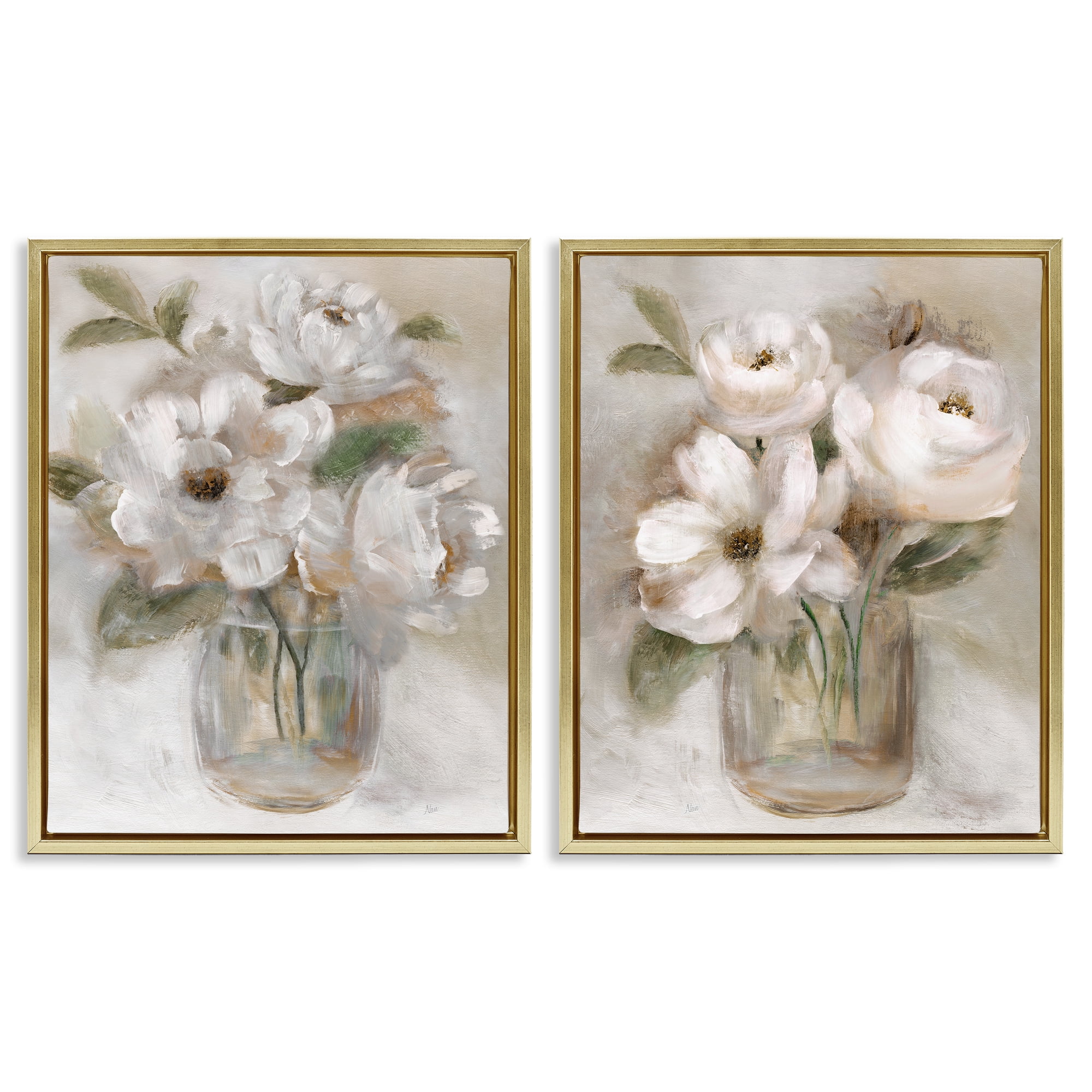 Stupell Industries Brushed White & Beige Roses 2 Piece Gold Framed Floater Canvas Set, design by Nan