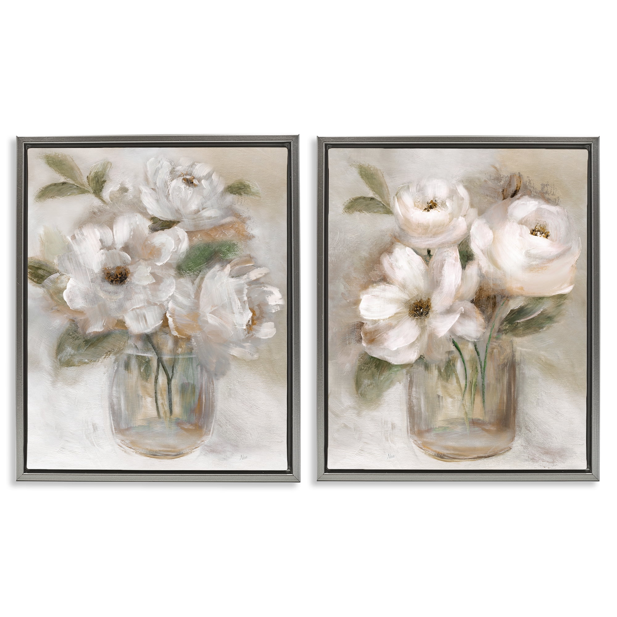 Stupell Industries Brushed White & Beige Roses 2 Piece Gray Framed Floater Canvas Set, design by Nan
