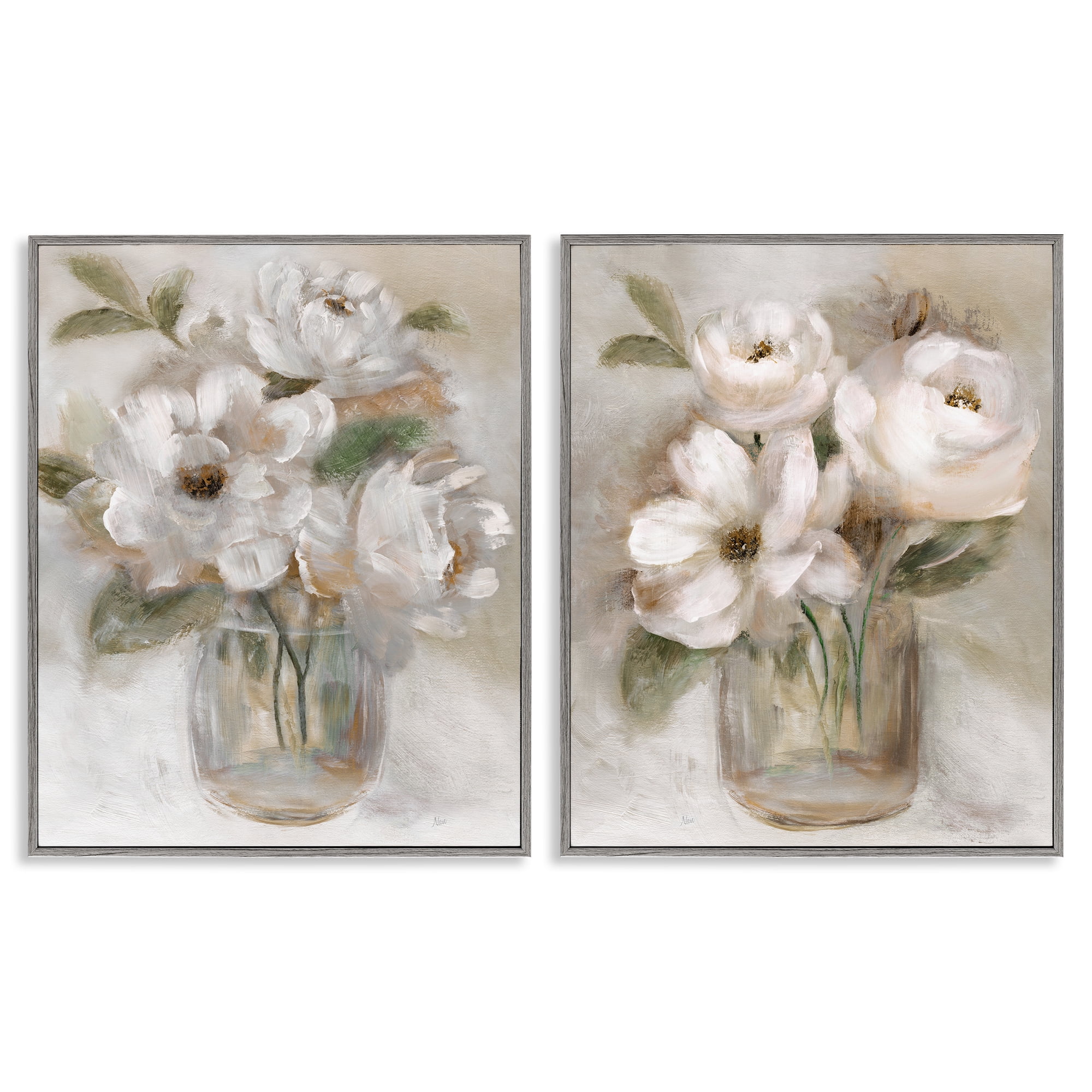 Stupell Industries Brushed White & Beige Roses 2 Piece Gray Framed Giclee Art Set, design by Nan