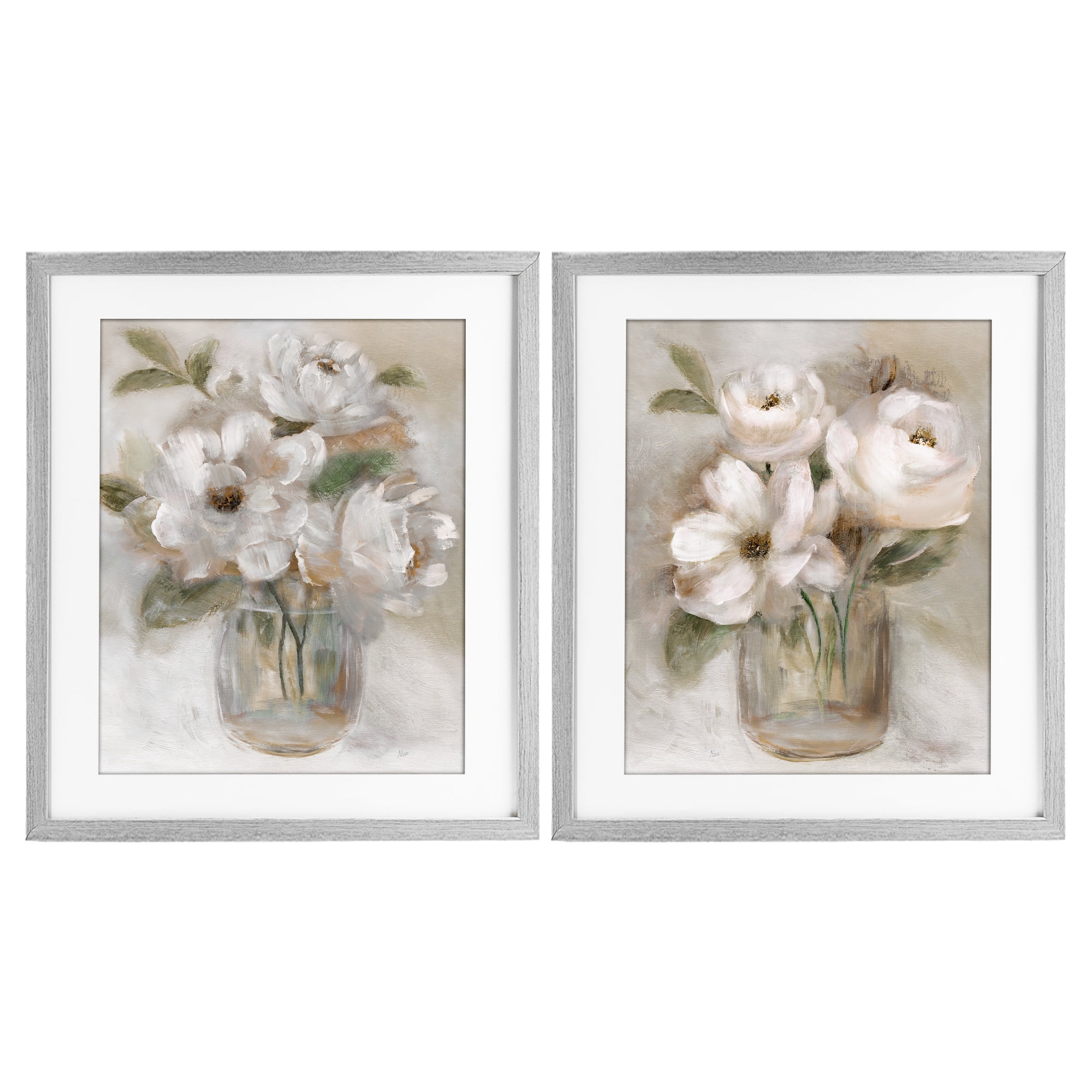 Stupell Industries Brushed White & Beige Roses 2 Piece Gray Framed Print Under Glass Set, design by Nan
