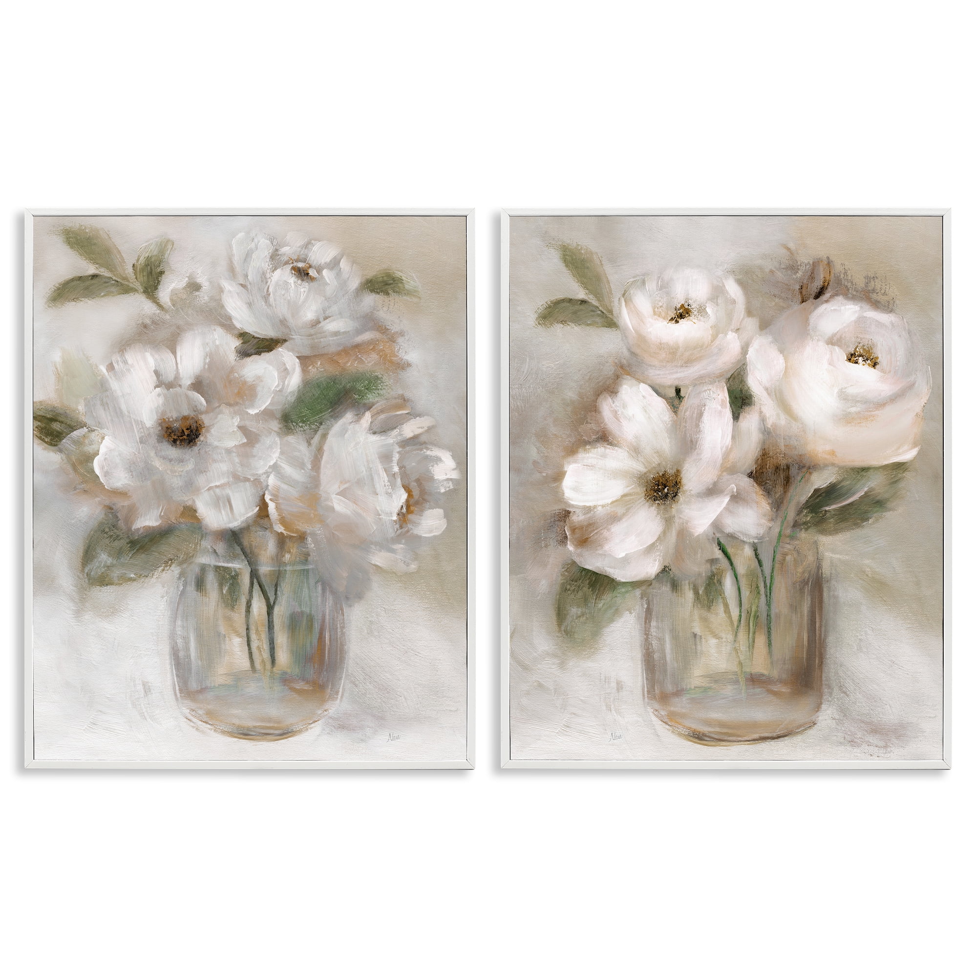 Stupell Industries Brushed White & Beige Roses 2 Piece White Framed Giclee Art Set, design by Nan