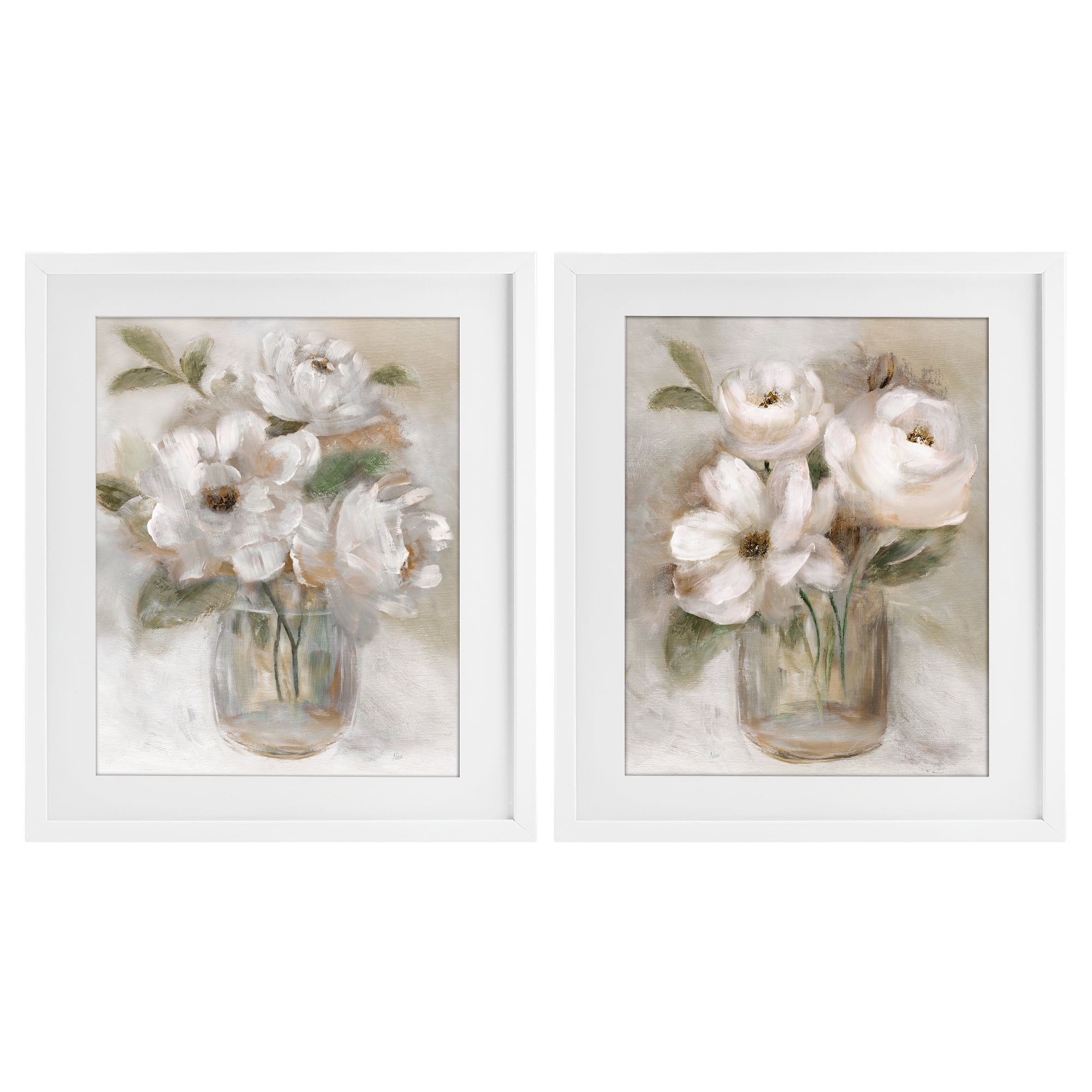 Stupell Industries Brushed White & Beige Roses 2 Piece White Framed Print Under Glass Set, design by Nan