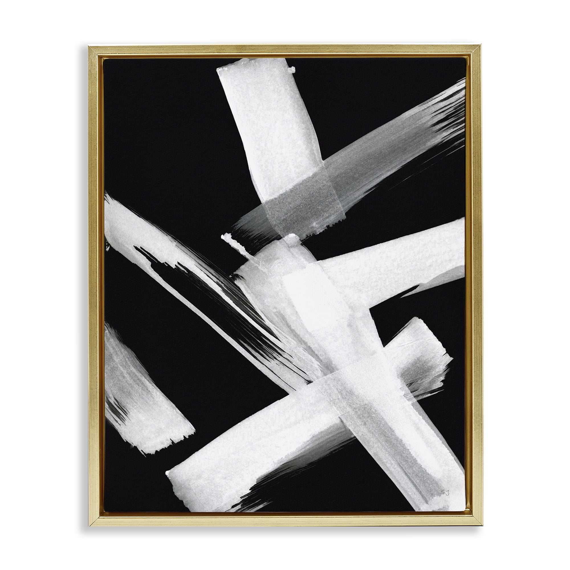 Stupell Industries Brushstrokes on Black Abstract Painting Gold Floater Framed Canvas Art Print Wall Art, 17 x 21