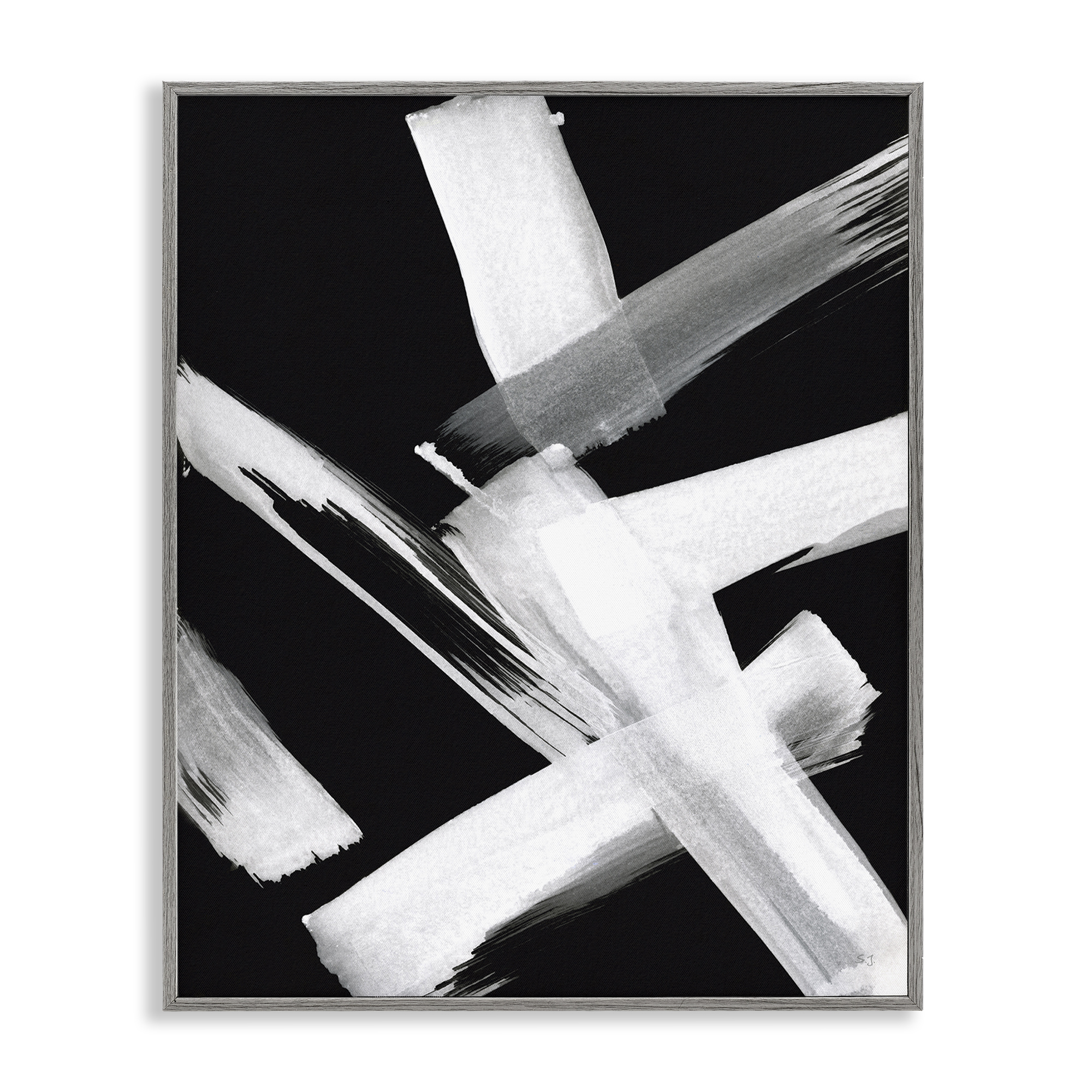 Stupell Industries Brushstrokes on Black Abstract Painting Gray Framed Art Print Wall Art, 16 x 20