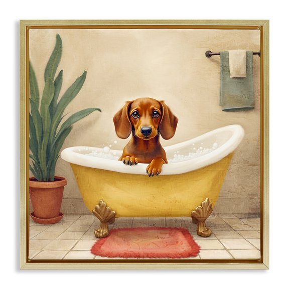 Stupell Industries Bubble Bath Brown Dog Gold Framed Floater Canvas Wall Art design by Kim Allen, 18 x 18