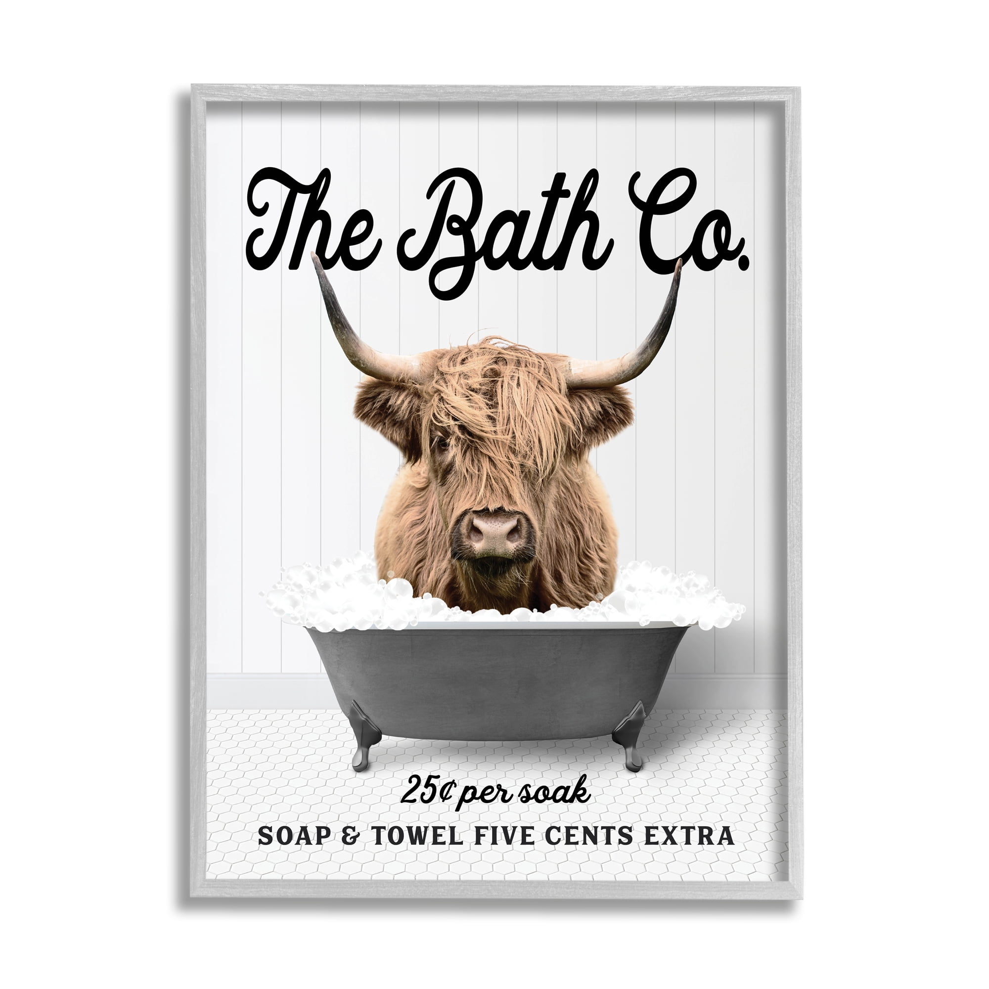 Stupell Industries Bubble Bath Highland Cow Animals & Insects Painting Gray Framed Art Print Wall Art, 16 x 20