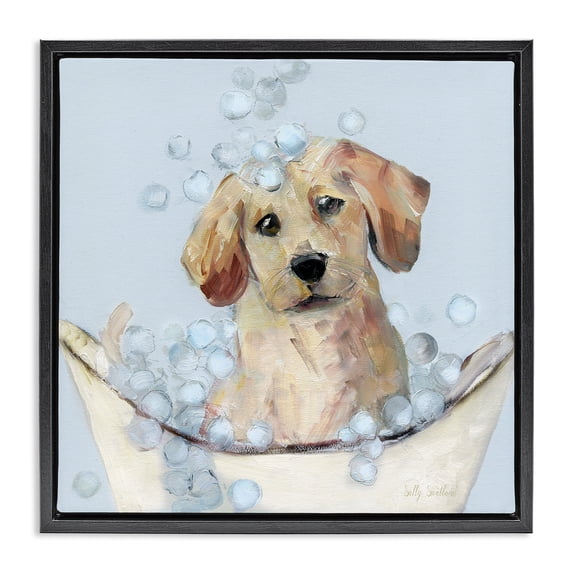 Stupell Industries Bubble Bath Lab Puppy Animals Painting Black Floater Framed Canvas Art Print Wall Art, 25 x 25
