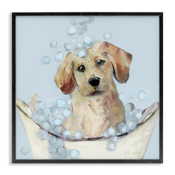 Stupell Industries Bubble Bath Lab Puppy Animals Painting Black Framed Art Print Wall Art, 17 x 17