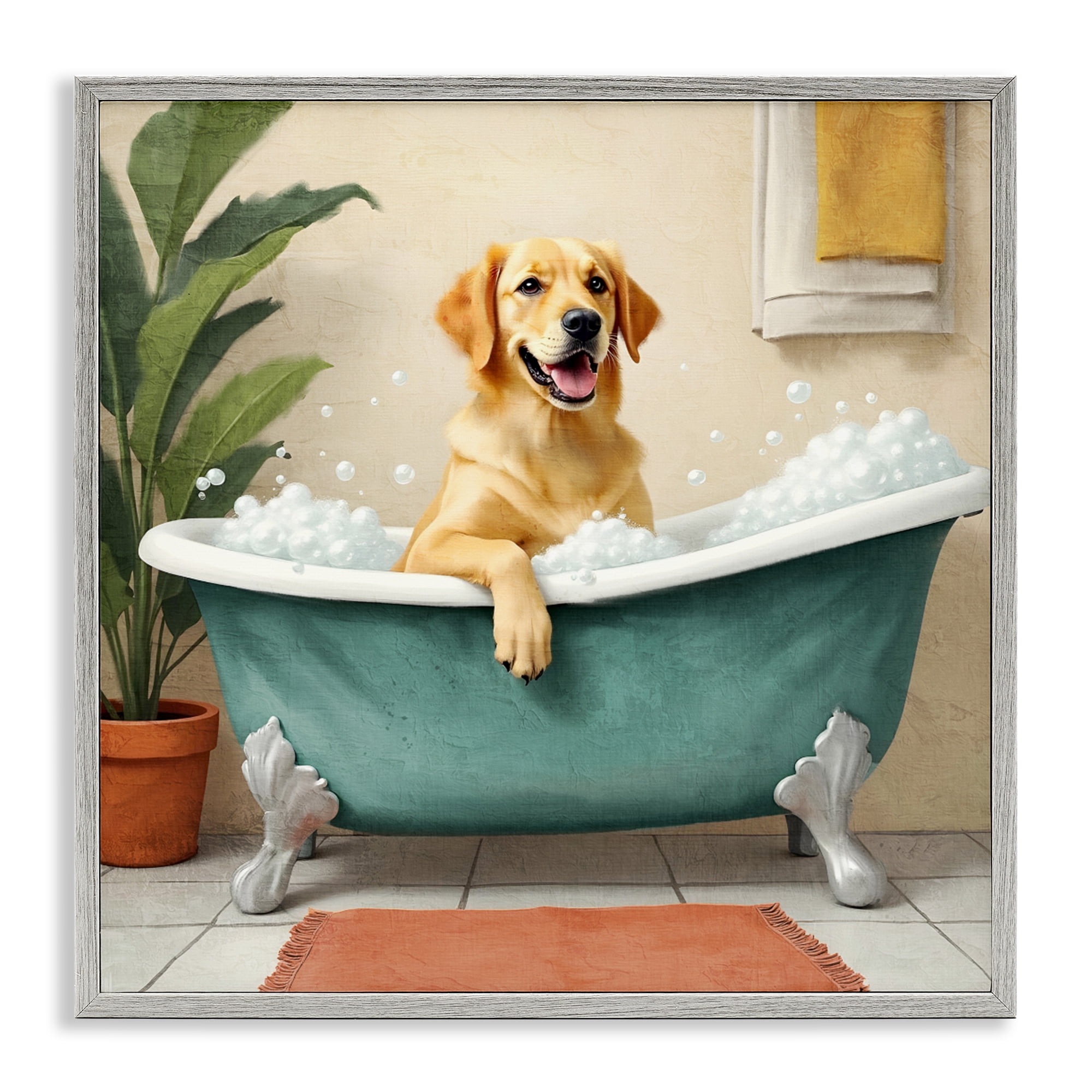 Stupell Industries Bubble Bath Labrador Dog Gray Framed Giclee Art, design by Kim Allen