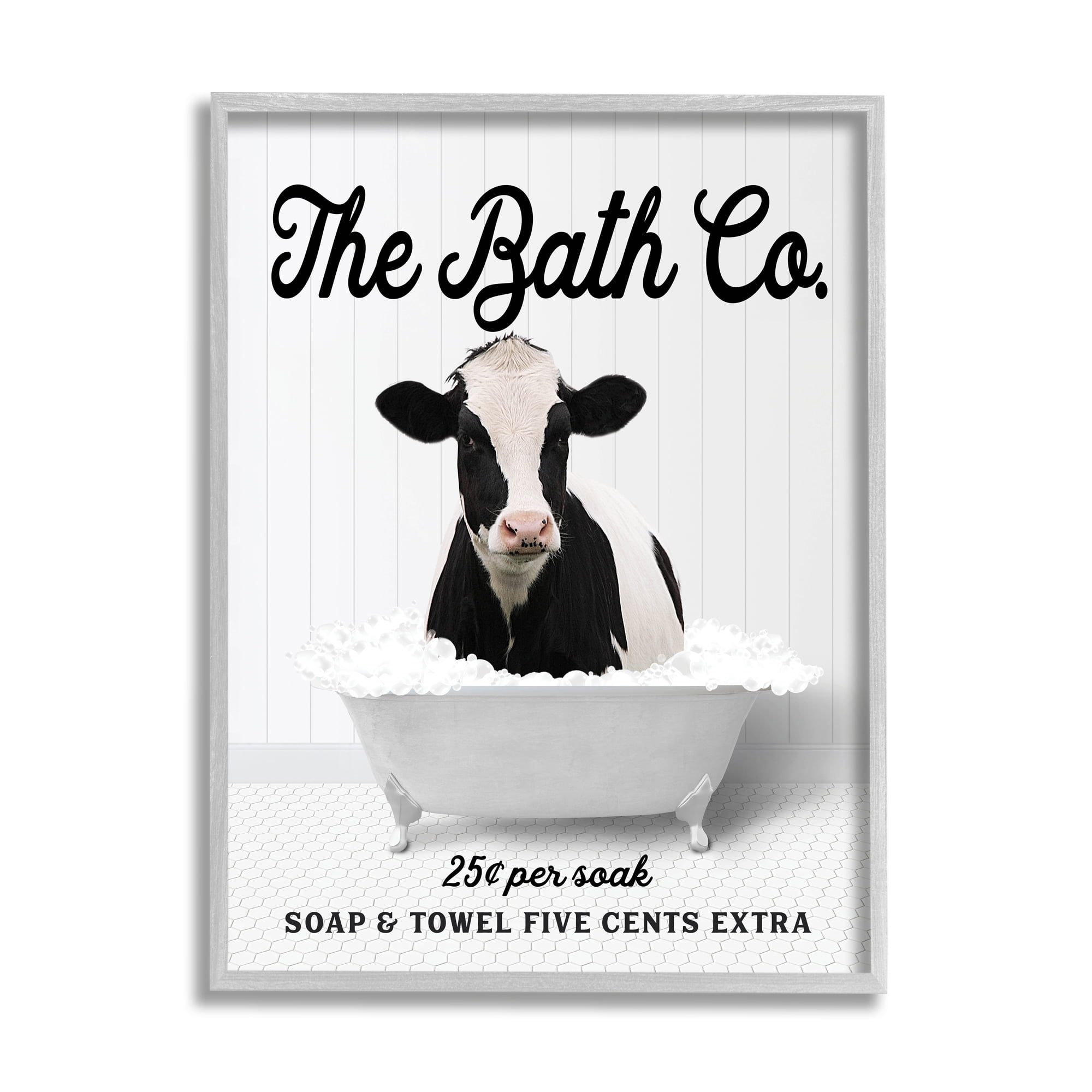 Stupell Industries Bubble Bathtub Cow Animals & Insects Painting Gray Framed Art Print Wall Art, 11 x 14