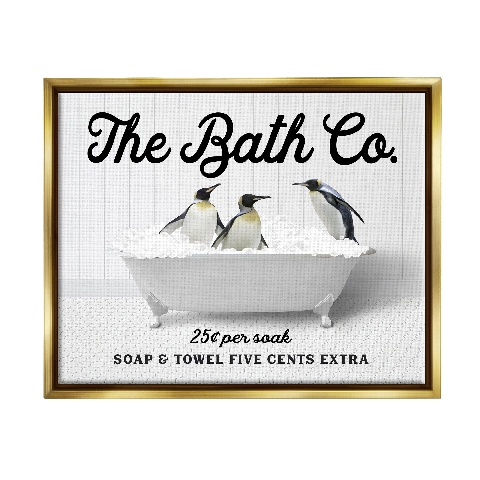 Stupell Industries Bubble Bathtub Penguins Animals & Insects Painting Gold Floater Framed Art Print Wall Art, 31 x 25