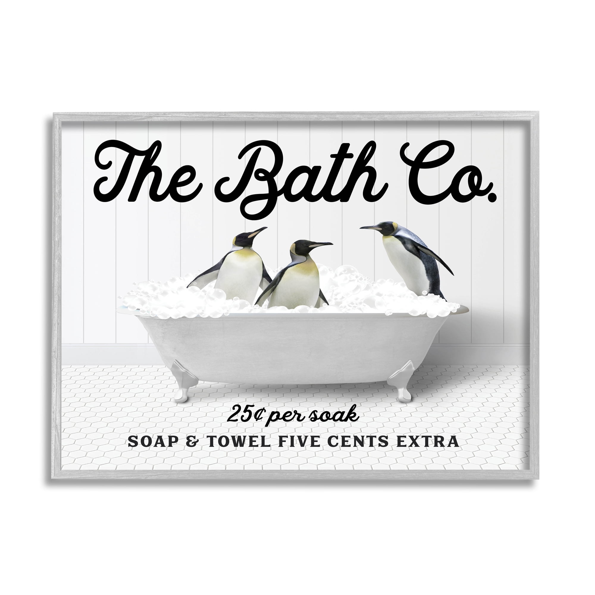 Stupell Industries Bubble Bathtub Penguins Animals & Insects Painting Gray Framed Art Print Wall Art, 20 x 16