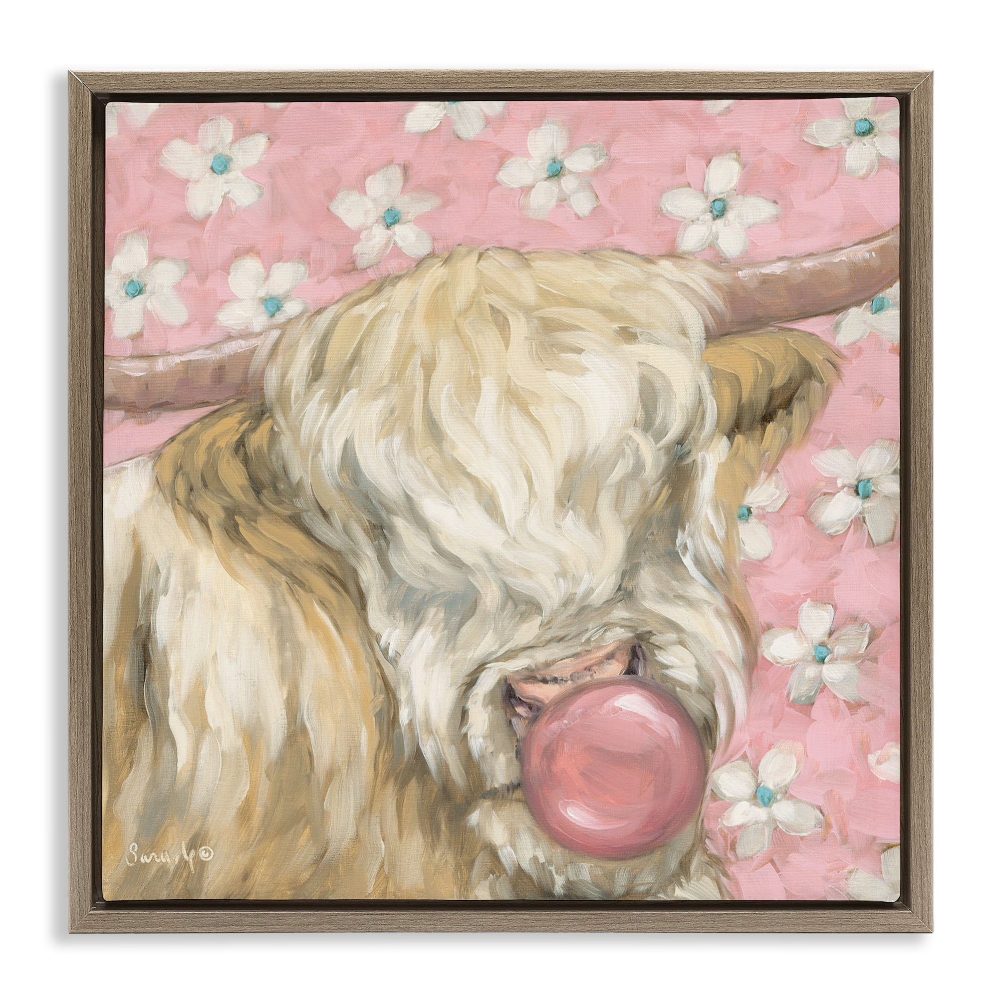 Stupell Industries Bubblegum Cutie Cattle Brown Framed Floater Canvas Wall Art, design by Sara G. Designs