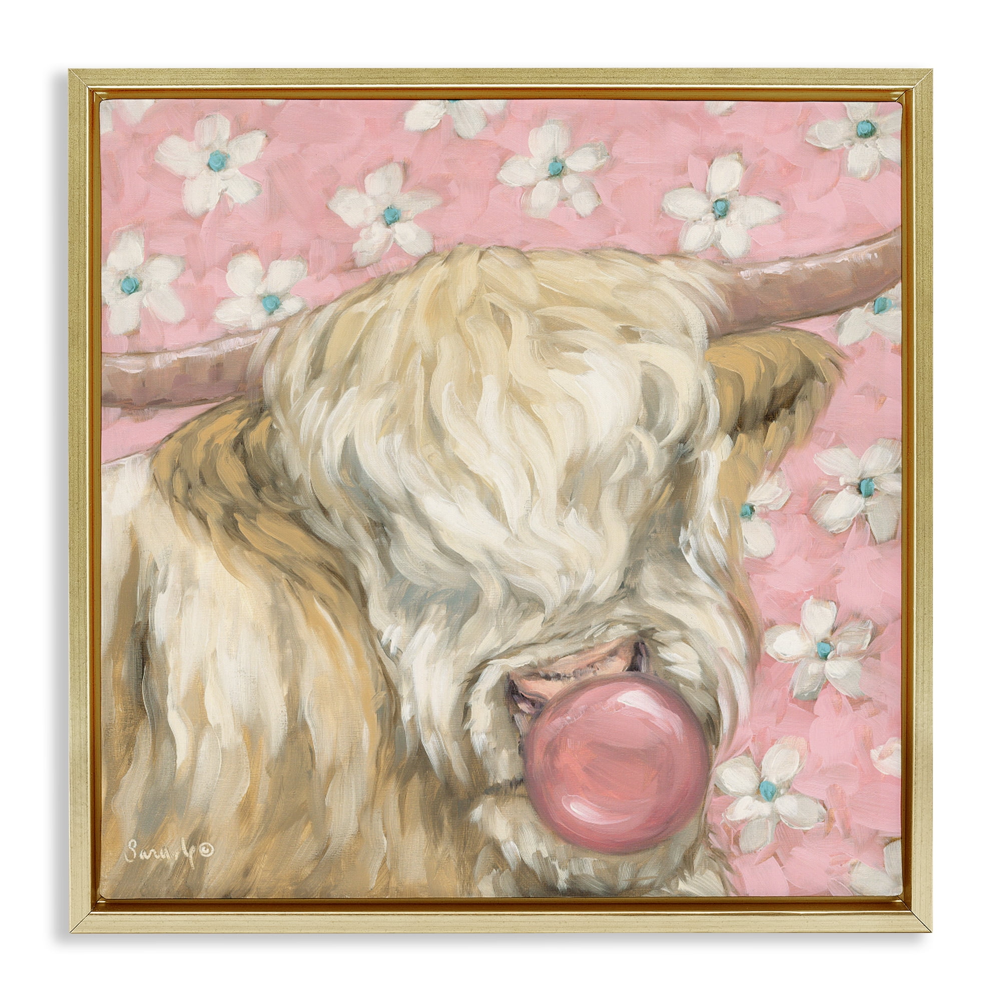 Stupell Industries Bubblegum Cutie Cattle Gold Framed Floater Canvas Wall Art, design by Sara G. Designs