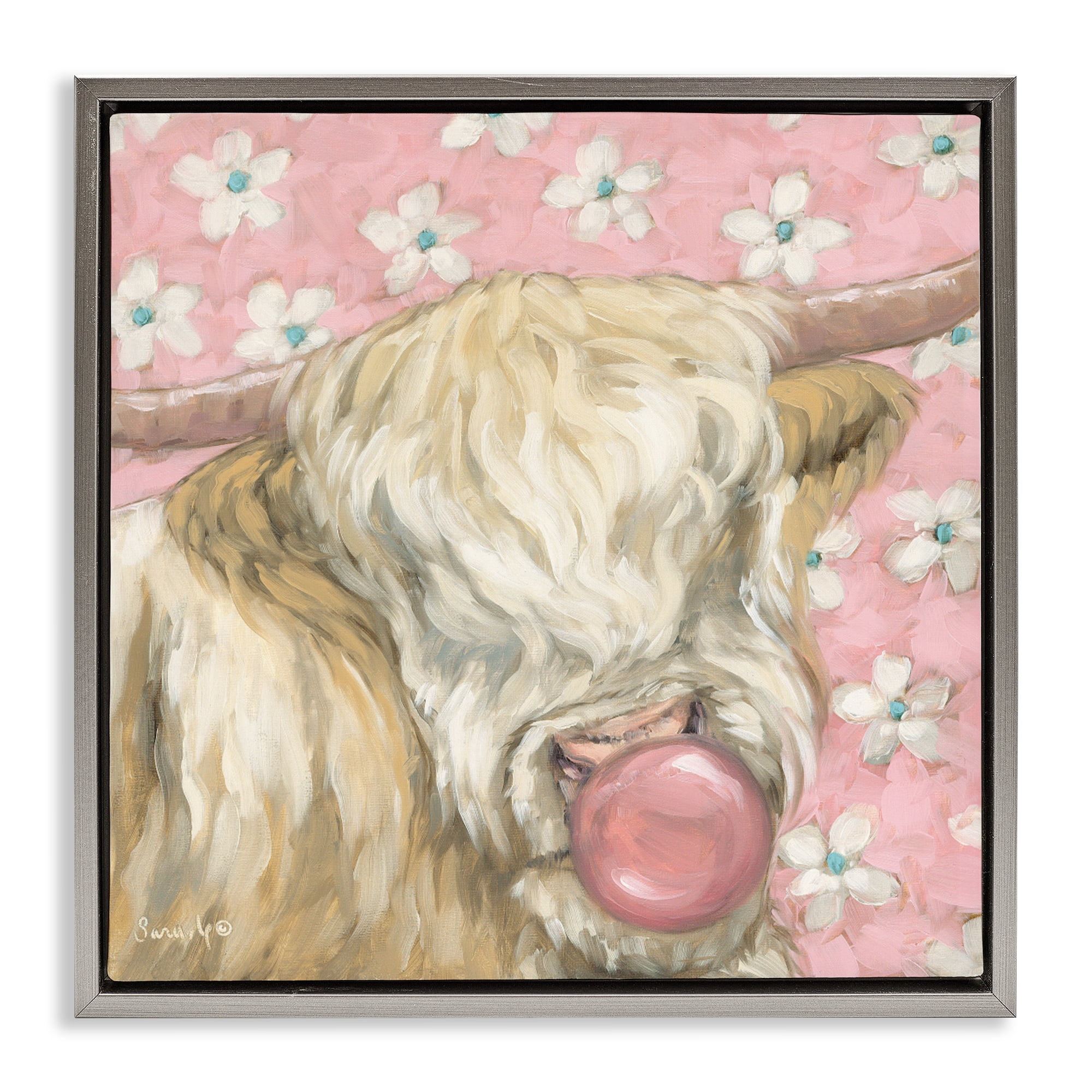 Stupell Industries Bubblegum Cutie Cattle Gray Framed Floater Canvas Wall Art, design by Sara G. Designs
