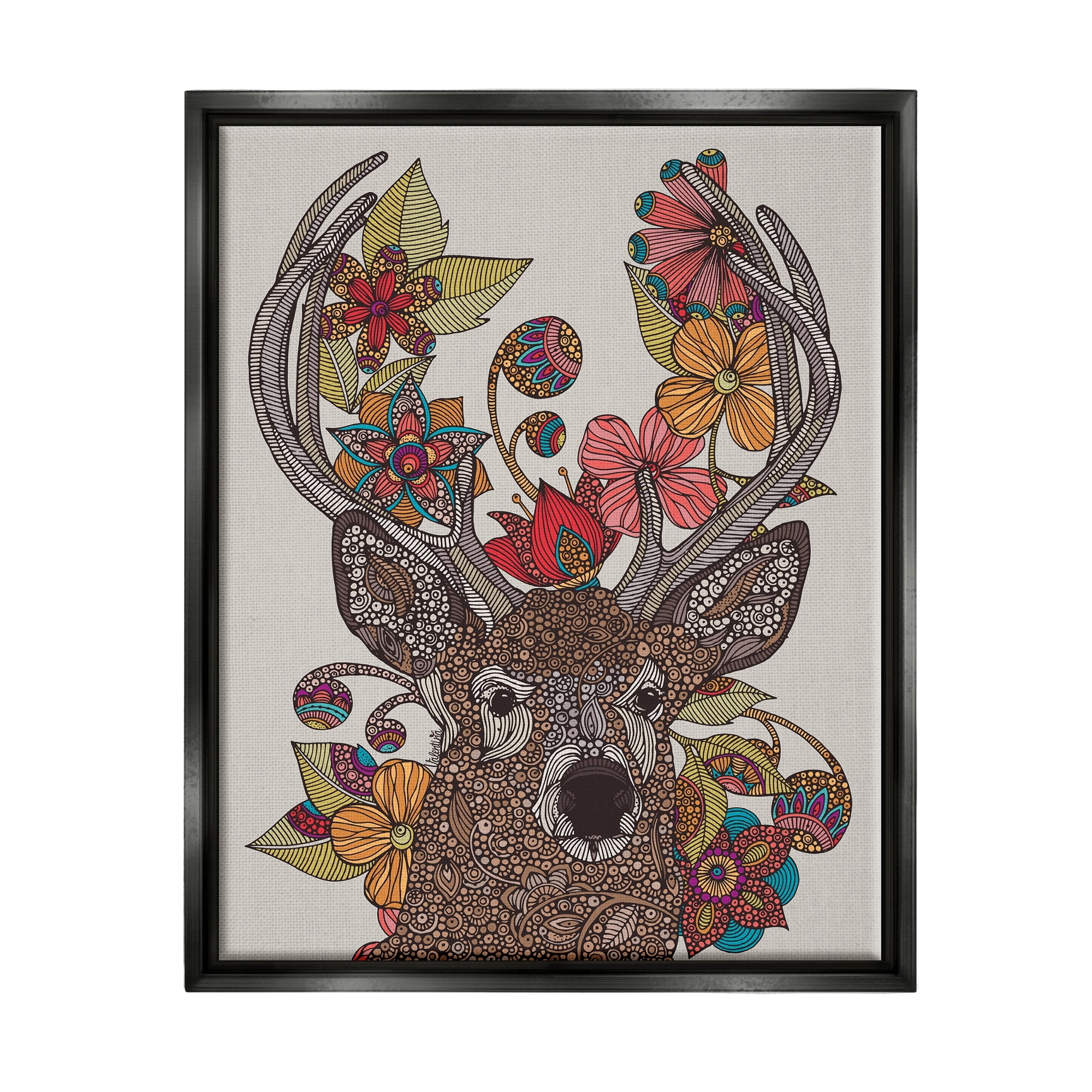 Stupell Industries Buck Deer Portrait Interwoven Flower Mandala Fractals Graphic Art Jet Black Floating Framed Canvas Print Wall Art, Design by Valentina Harper