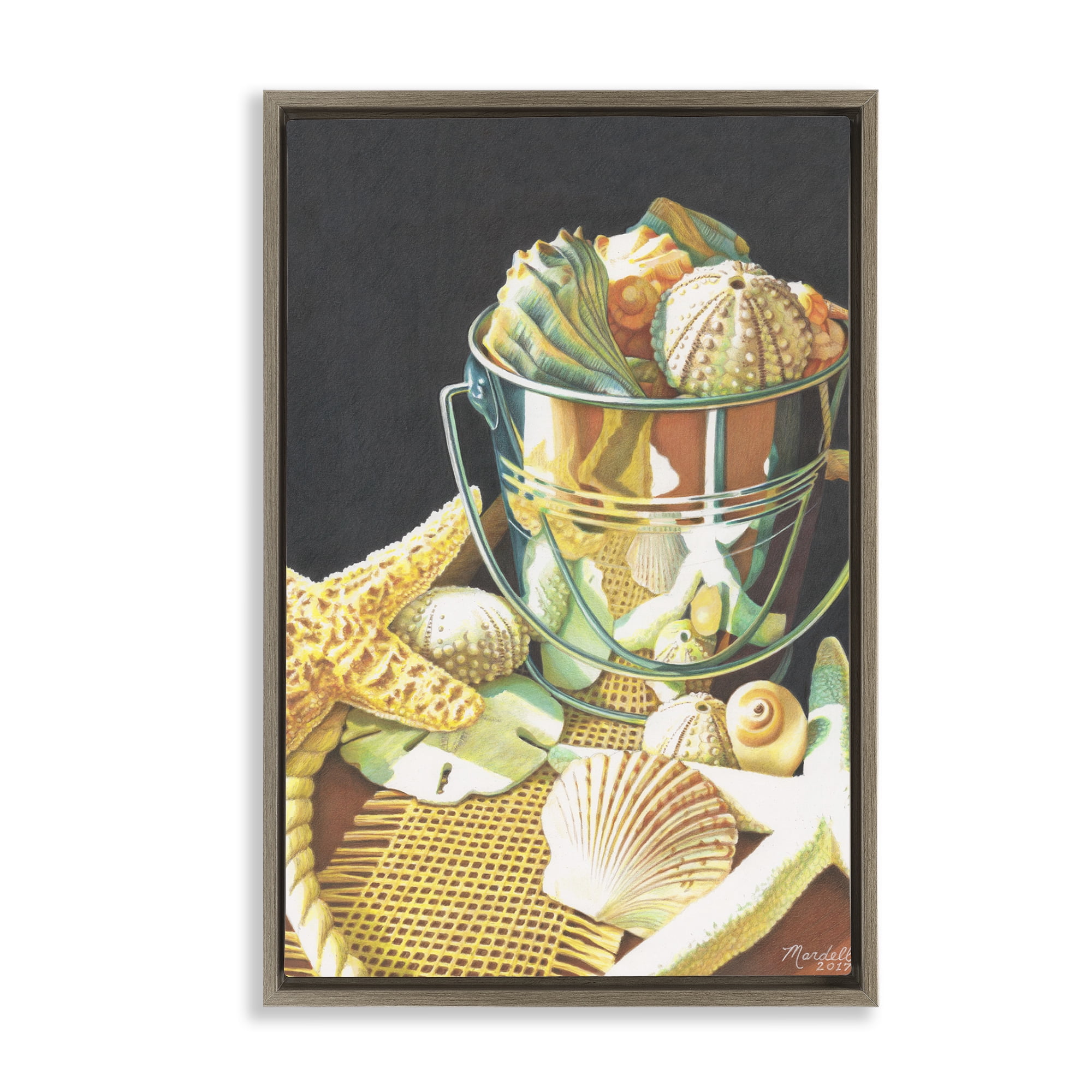 Stupell Industries Bucket Of Seashells Coastal Painting Brown Floater Framed Art Print Wall Art, 17 x 25