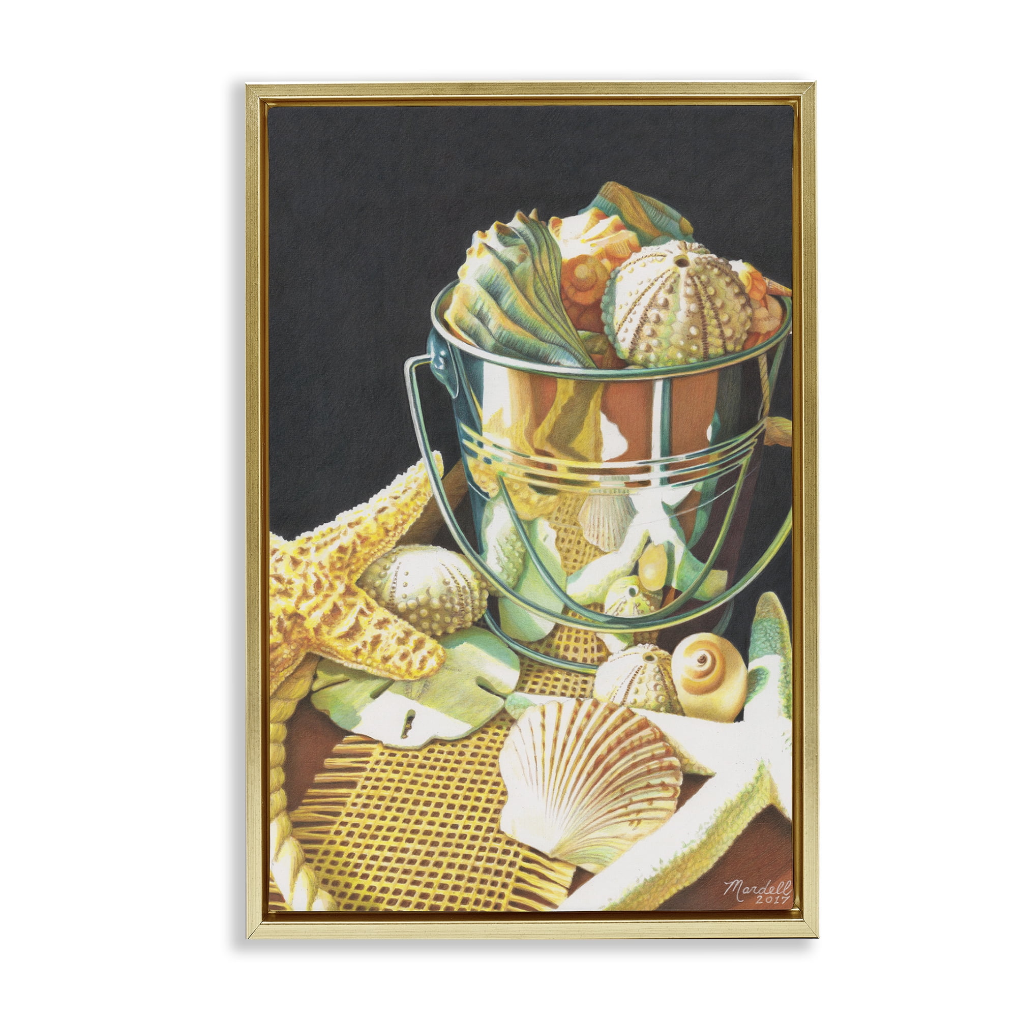 Stupell Industries Bucket Of Seashells Coastal Painting Gold Floater Framed Art Print Wall Art, 17 x 25