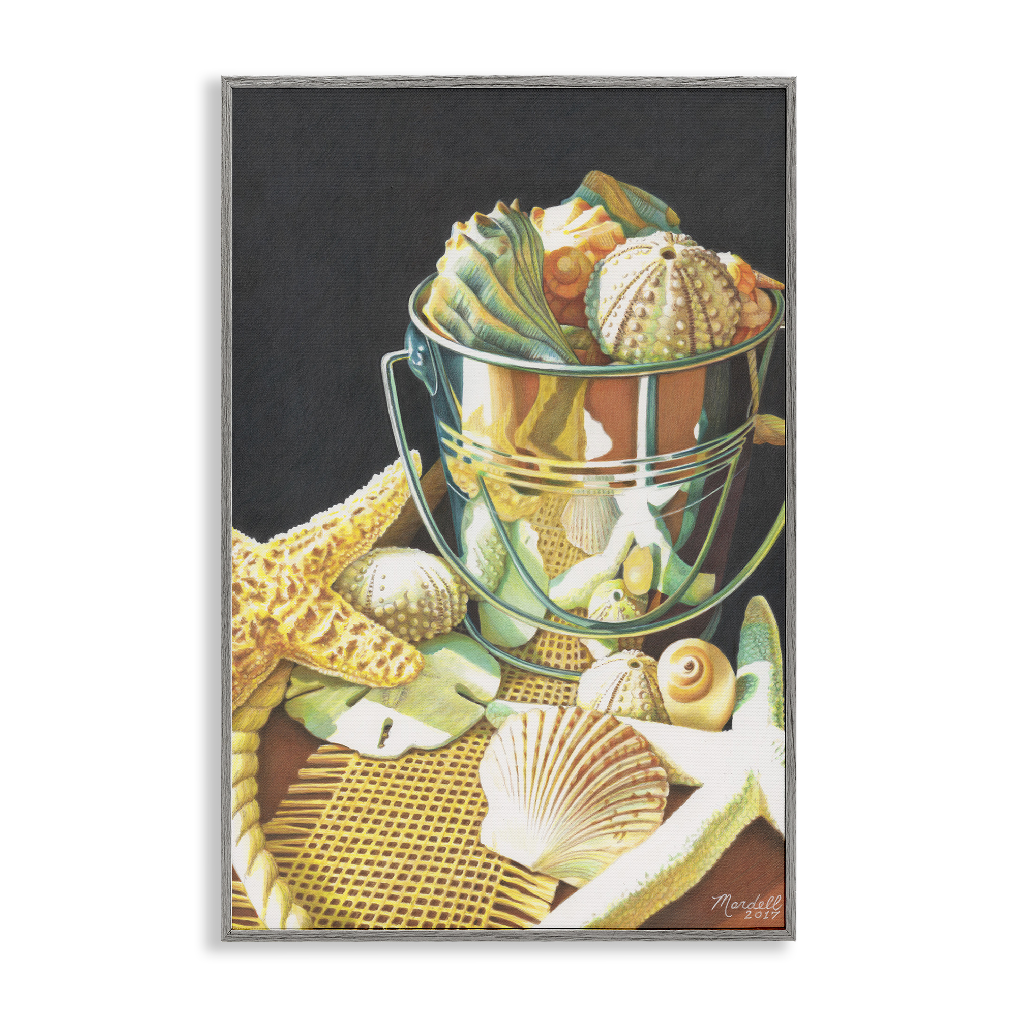 Stupell Industries Bucket Of Seashells Coastal Painting Gray Framed Art Print Wall Art, 12 x 18