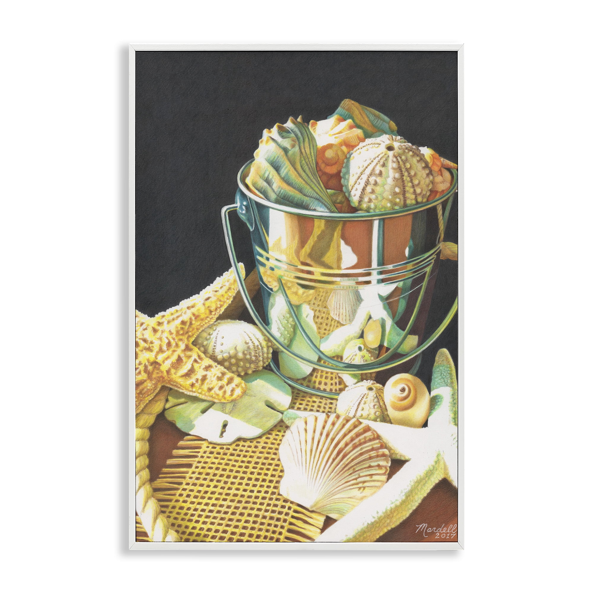 Stupell Industries Bucket Of Seashells Coastal Painting White Framed Art Print Wall Art, 16 x 24