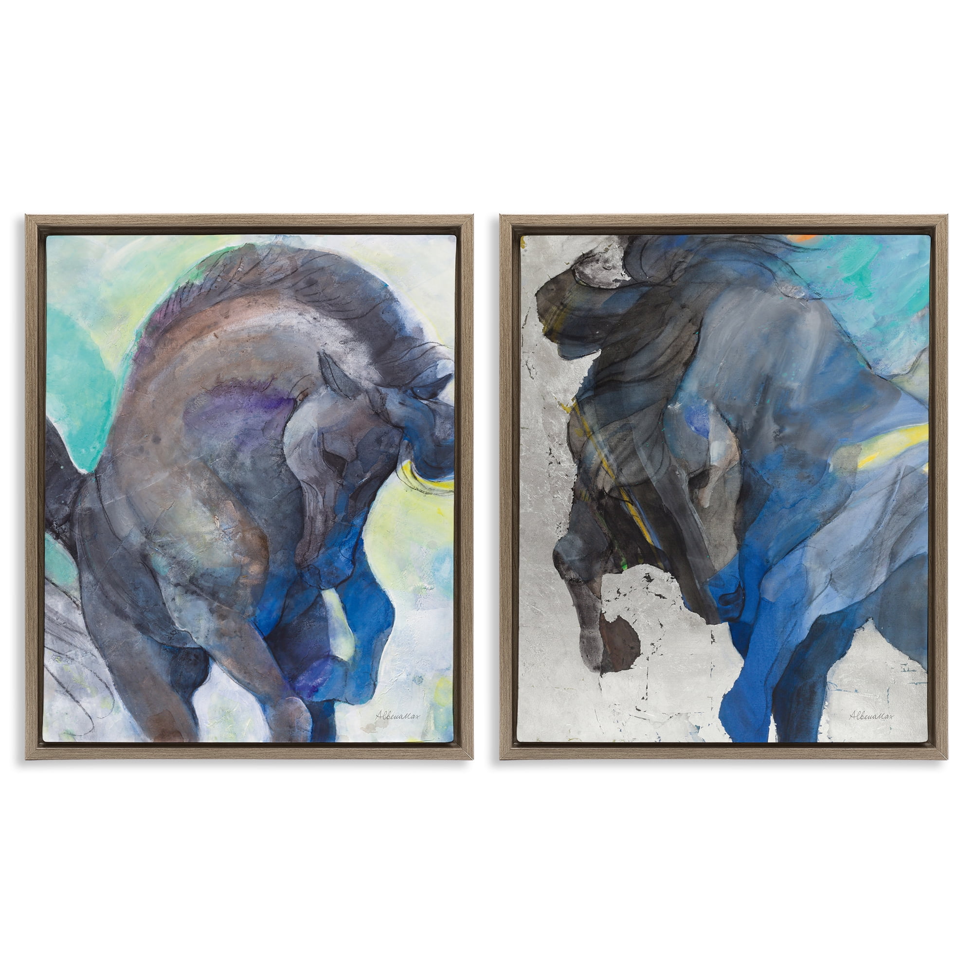 Stupell Industries Bucking Horse Joyful Play Animals Painting Brown Floater Framed Canvas Art Print Wall Art, 17 x 21, Set of 2