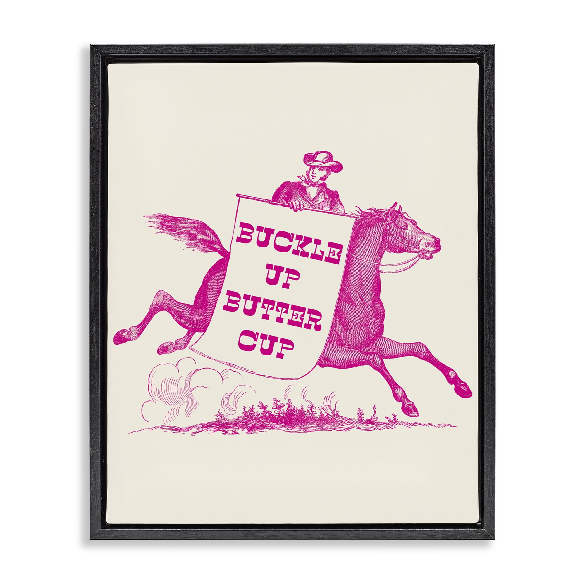 Stupell Industries Buckle Up Buttercup Cowboy Animals Painting Black Floater Framed Canvas Art Print Wall Art, 25 x 31