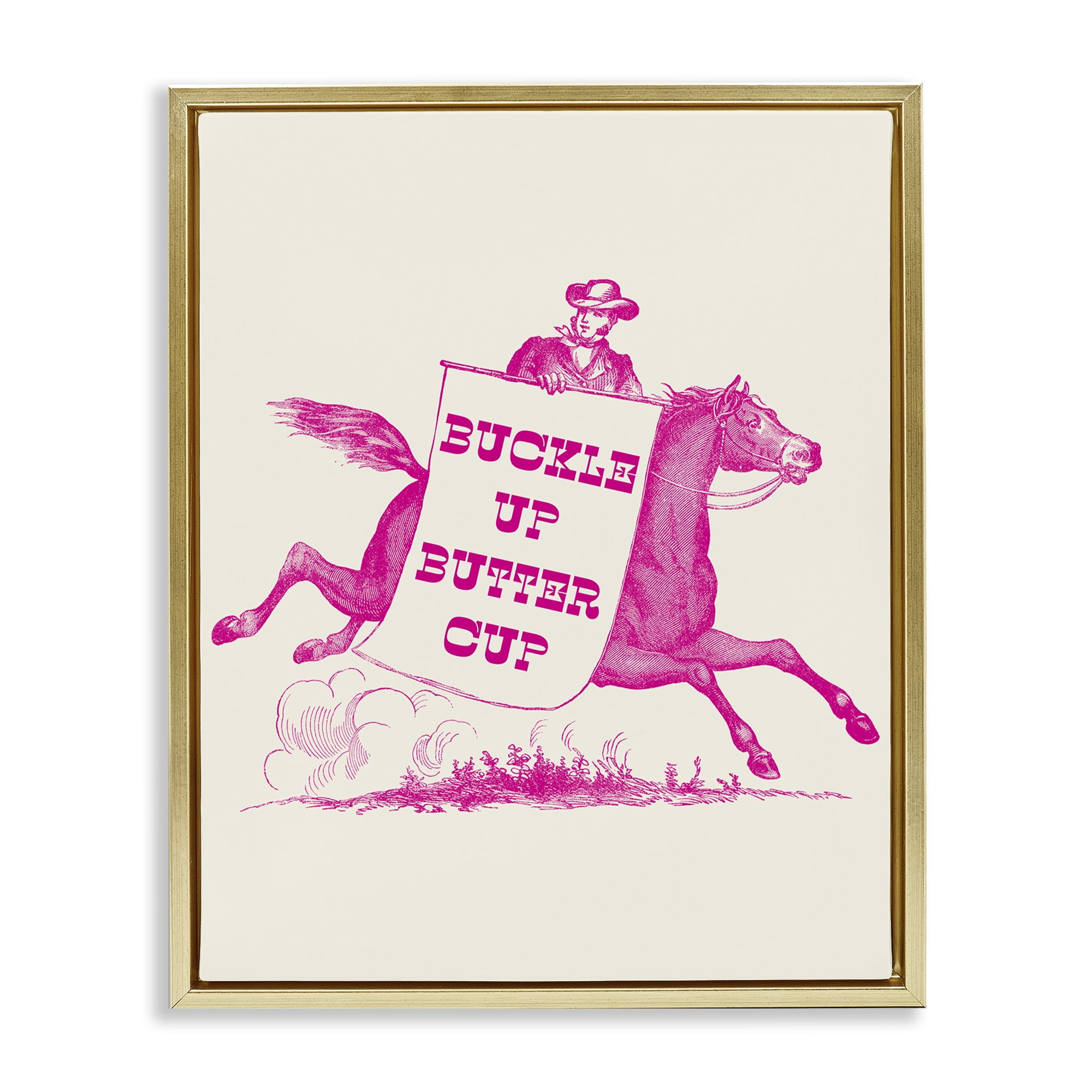 Stupell Industries Buckle Up Buttercup Cowboy Animals Painting Gold Floater Framed Canvas Art Print Wall Art, 25 x 31