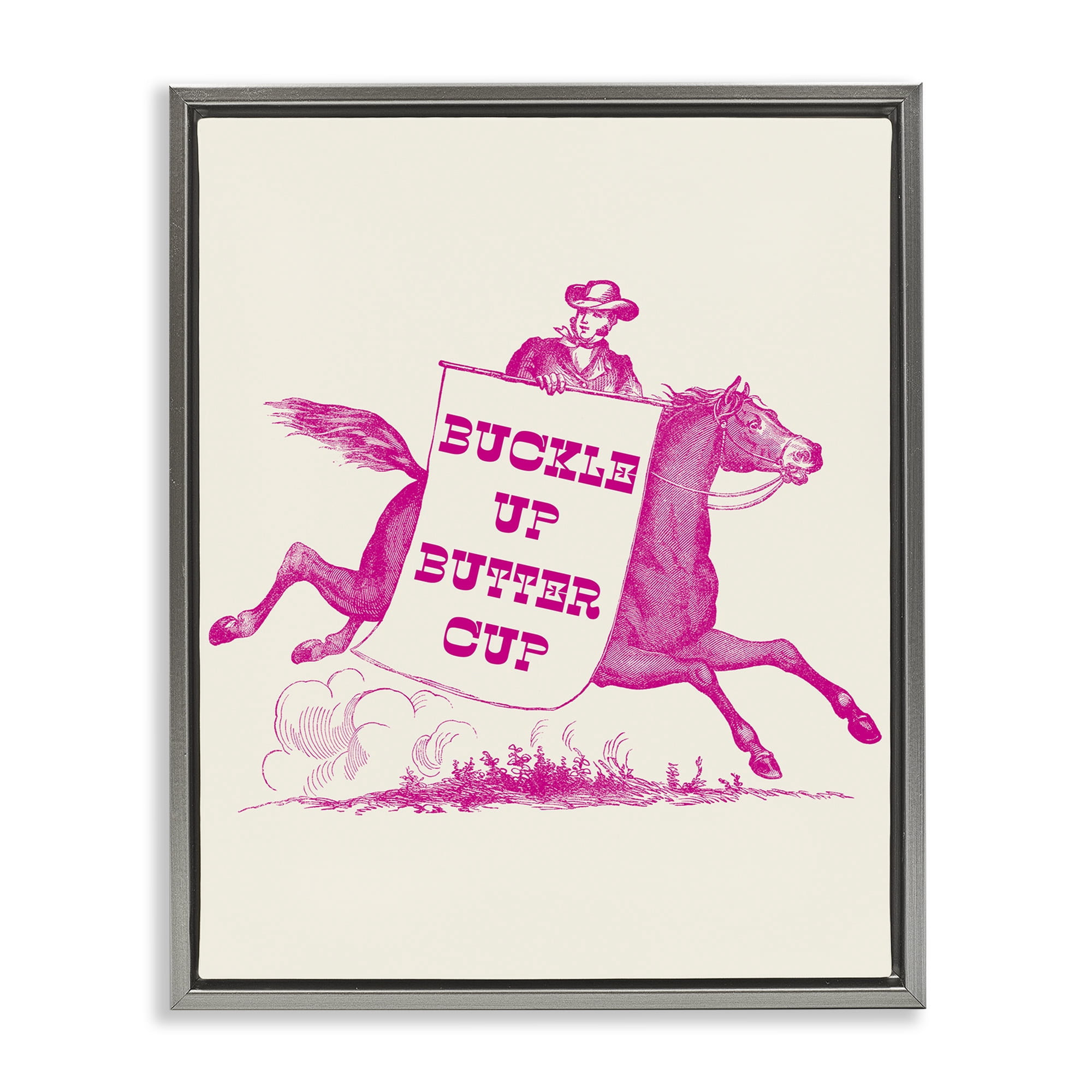 Stupell Industries Buckle Up Buttercup Cowboy Animals Painting Gray Floater Framed Canvas Art Print Wall Art, 25 x 31