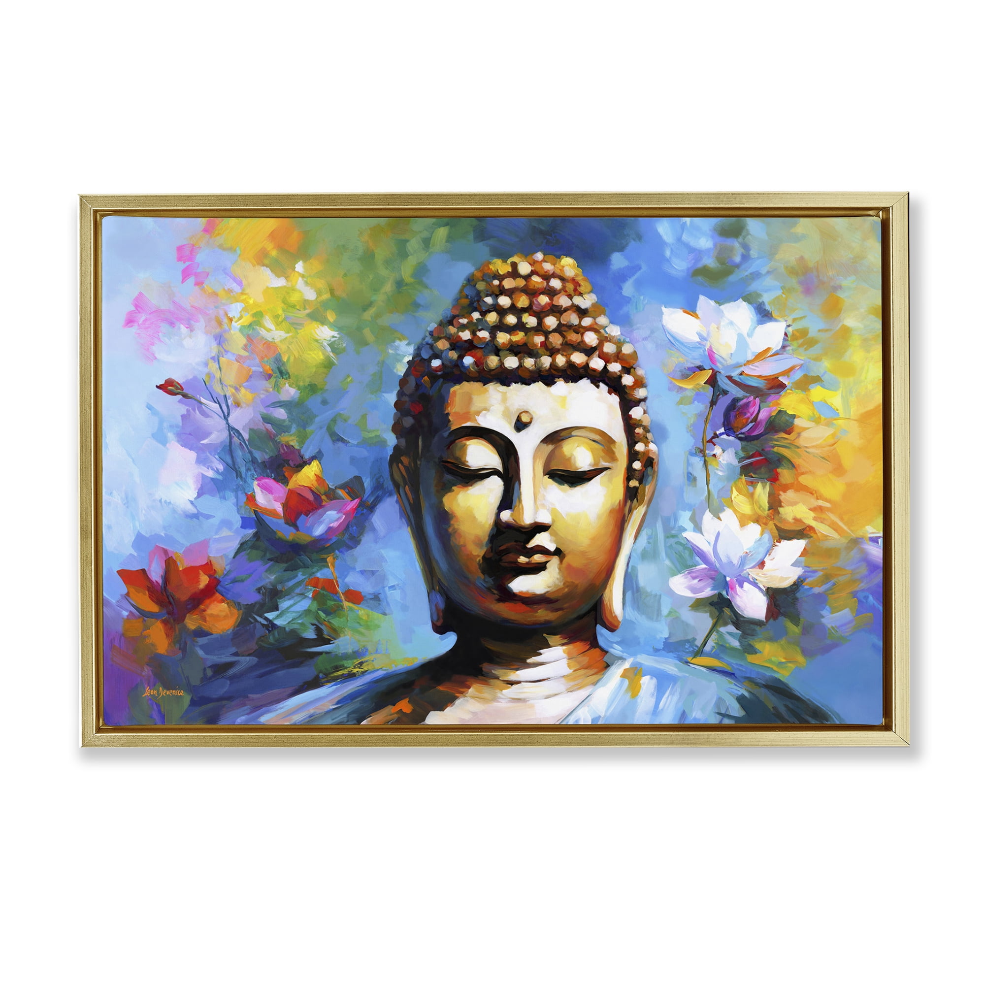Stupell Industries Buddha with Bright Lotus People Painting Gold Floater Framed Canvas Art Print Wall Art, 25 x 17