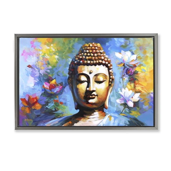Stupell Industries Buddha with Bright Lotus People Painting Gray Floater Framed Canvas Art Print Wall Art, 25 x 17