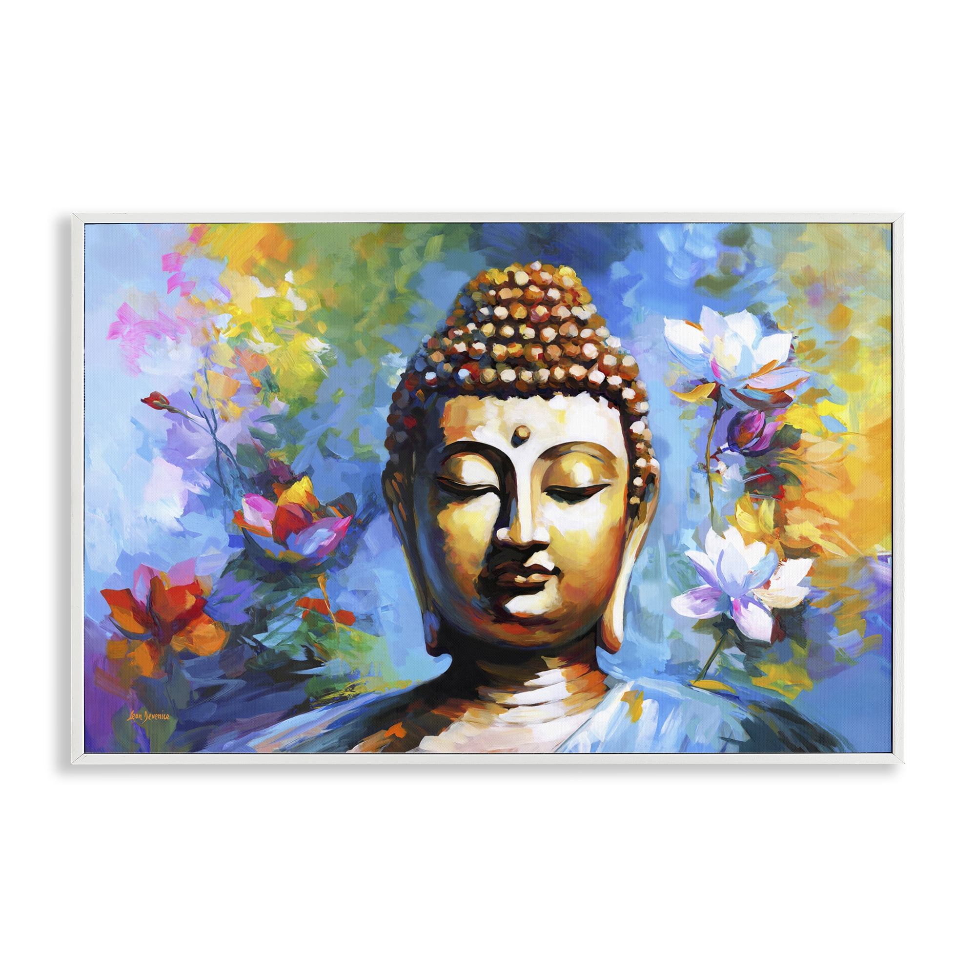 Stupell Industries Buddha with Bright Lotus People Painting White Framed Art Print Wall Art, 24 x 16