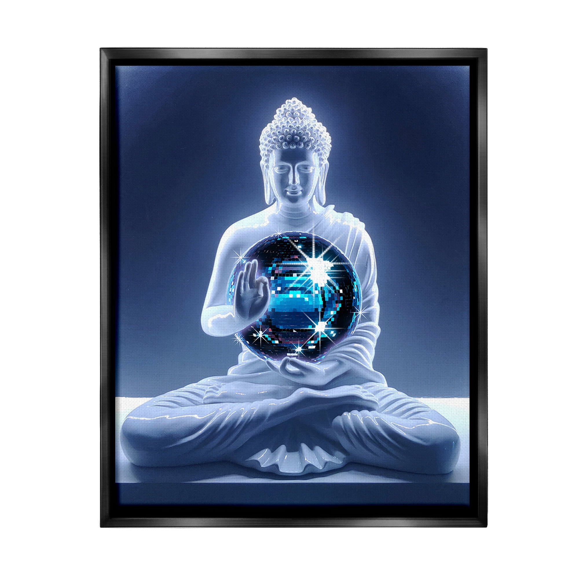 Stupell Industries Buddha with Disco Ball Novelty Painting Black Floater Framed Canvas Art Print Wall Art, 17 x 21