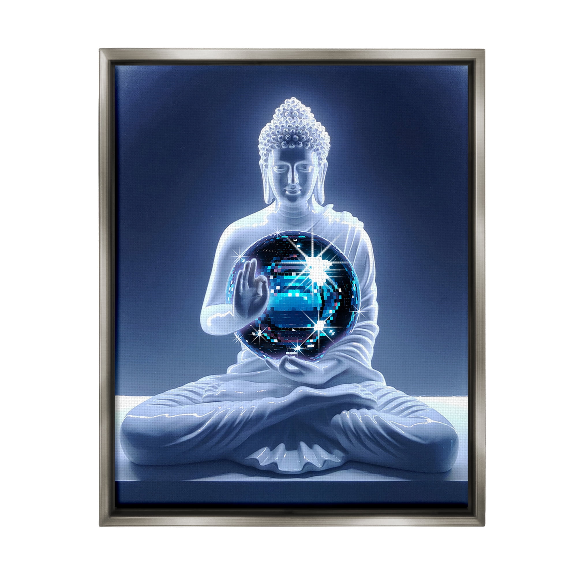 Stupell Industries Buddha with Disco Ball Novelty Painting Gray Floater Framed Canvas Art Print Wall Art, 17 x 21