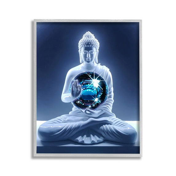 Stupell Industries Buddha with Disco Ball Novelty Painting Gray Framed Art Print Wall Art, 11 x 14