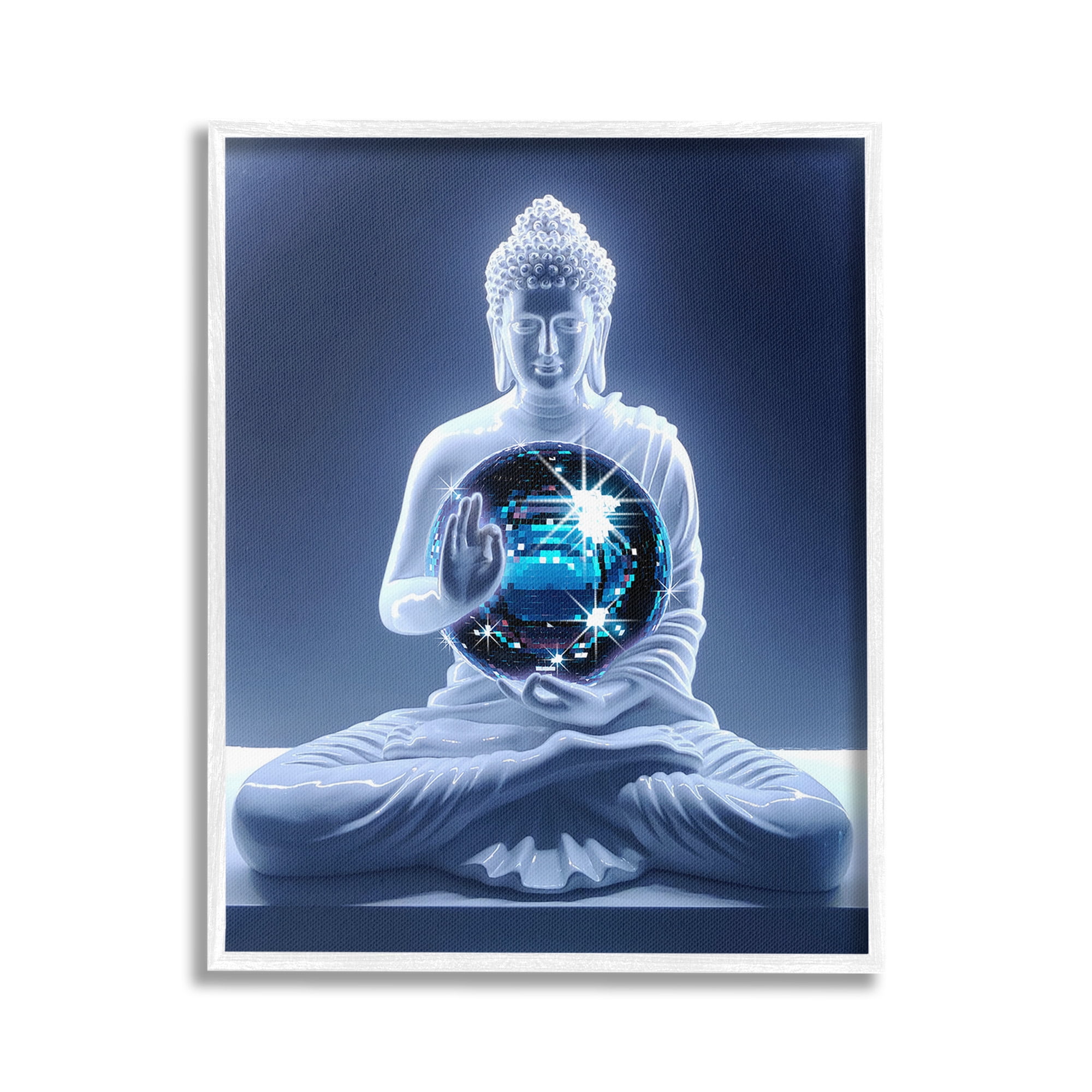 Stupell Industries Buddha with Disco Ball Novelty Painting White Framed Art Print Wall Art, 16 x 20