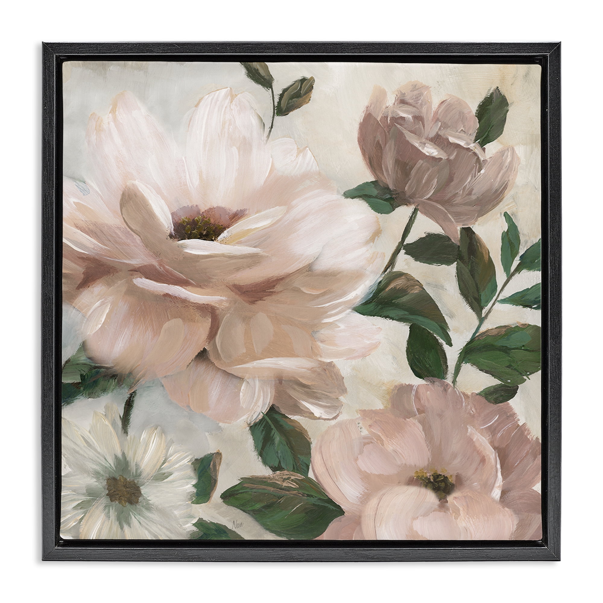 Stupell Industries Budding Blush Peonies & Leaves Black Framed Floater Canvas Wall Art, design by Nan
