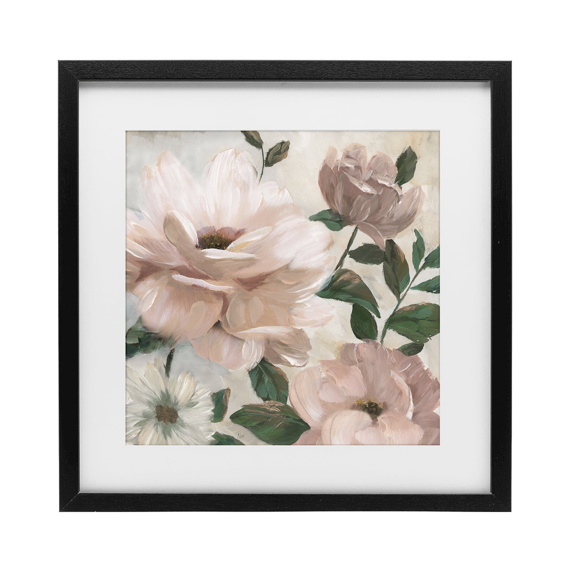 Stupell Industries Budding Blush Peonies & Leaves Black Framed Print Under Glass, design by Nan