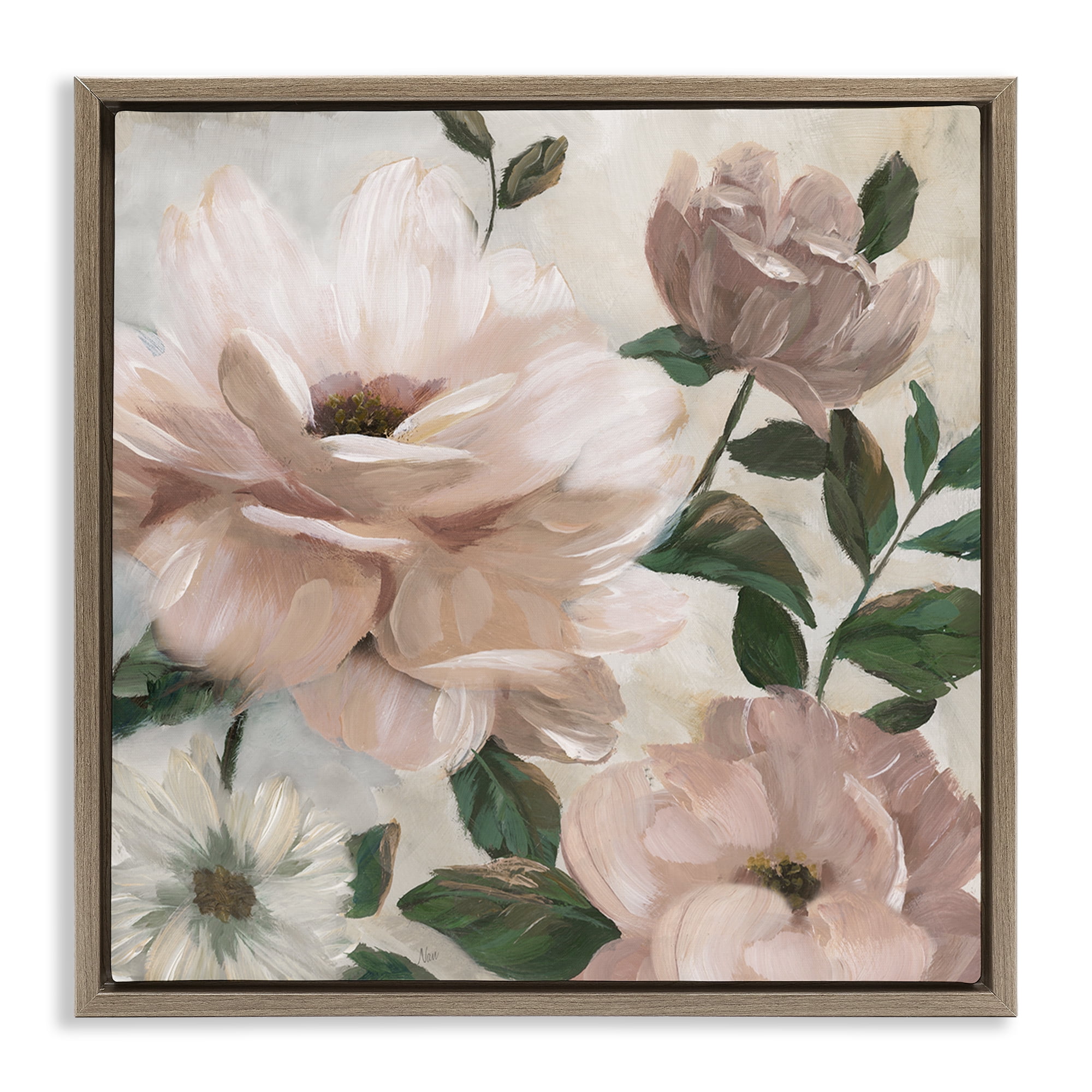 Stupell Industries Budding Blush Peonies & Leaves Brown Framed Floater Canvas Wall Art, design by Nan