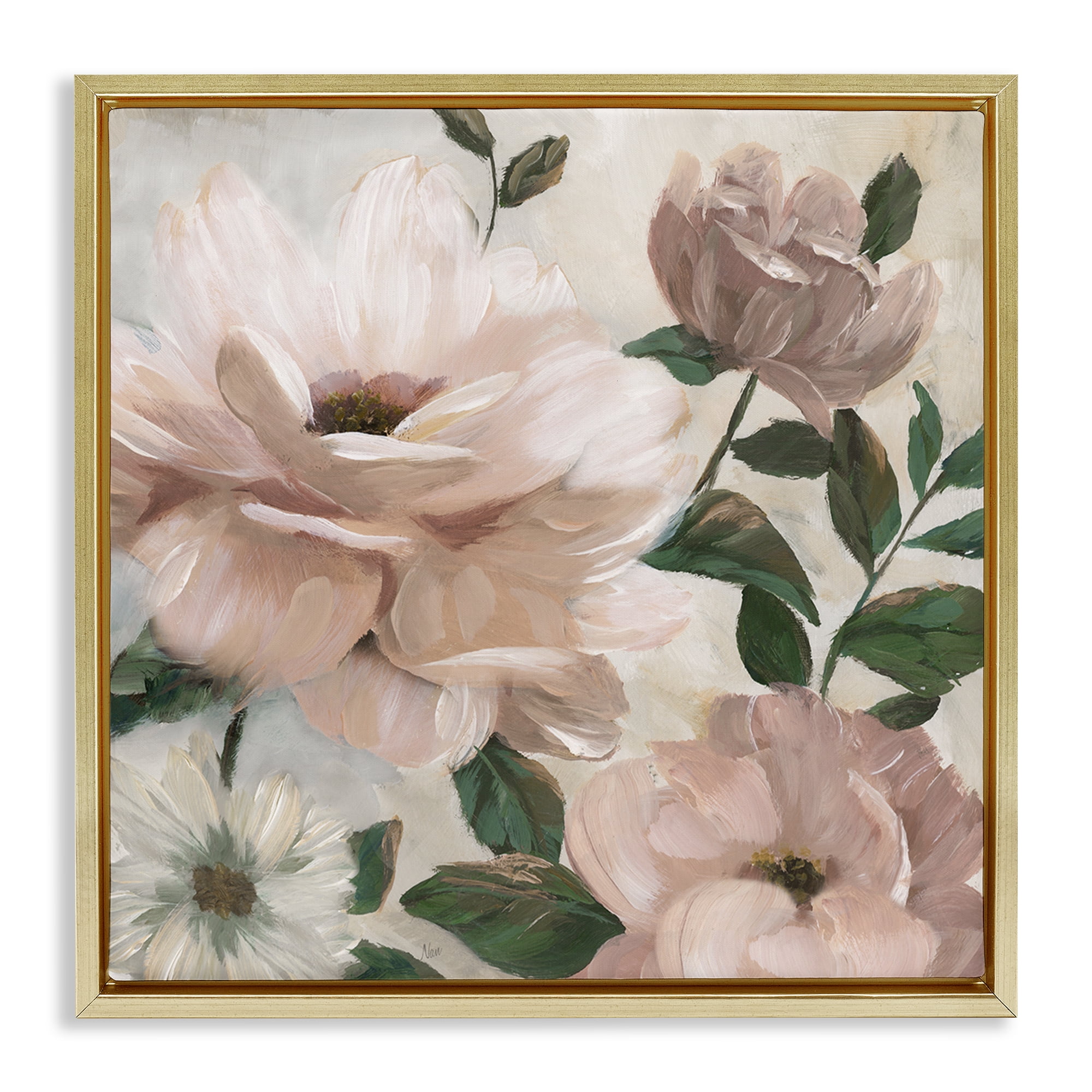 Stupell Industries Budding Blush Peonies & Leaves Gold Framed Floater Canvas Wall Art, design by Nan