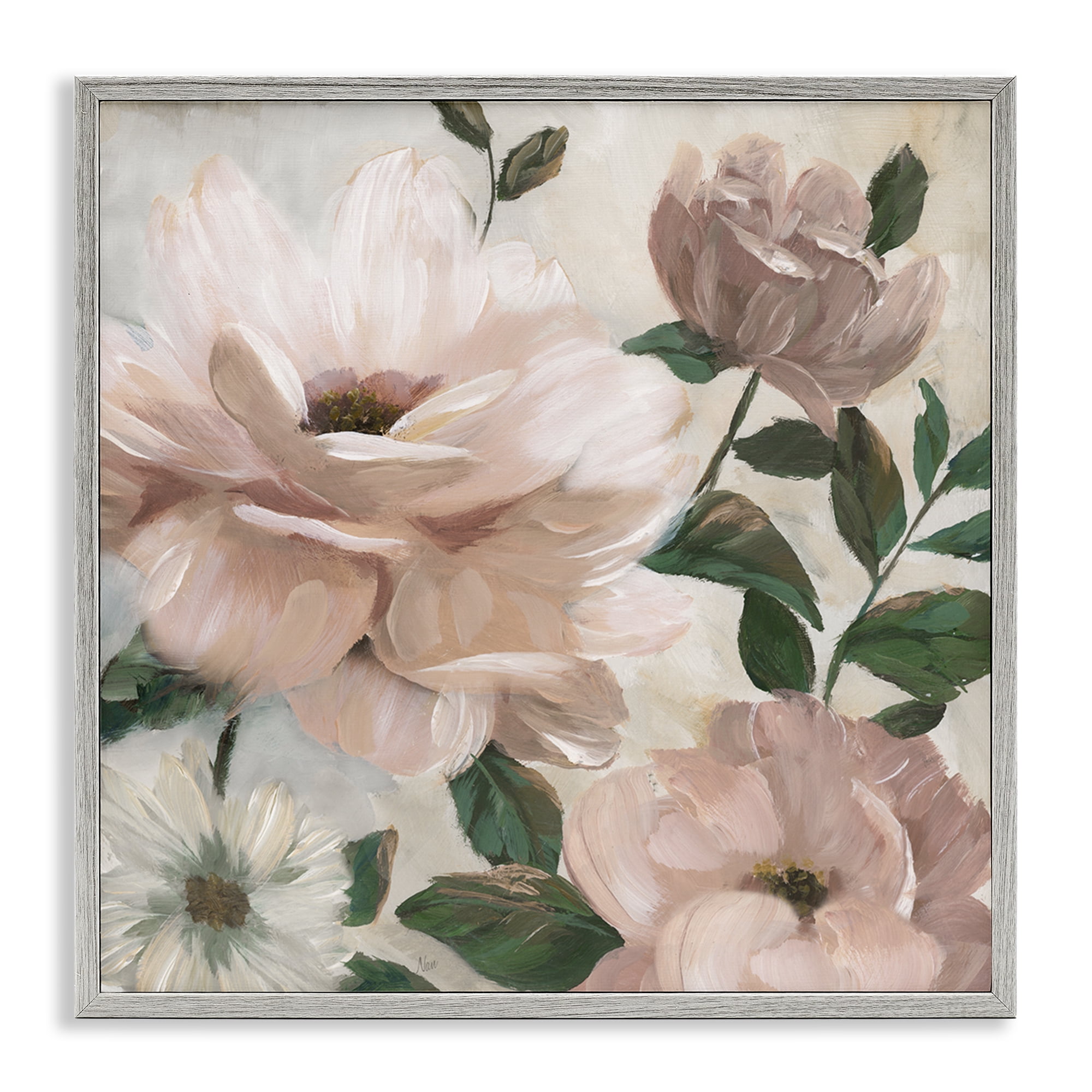 Stupell Industries Budding Blush Peonies & Leaves Gray Framed Giclee Art, design by Nan