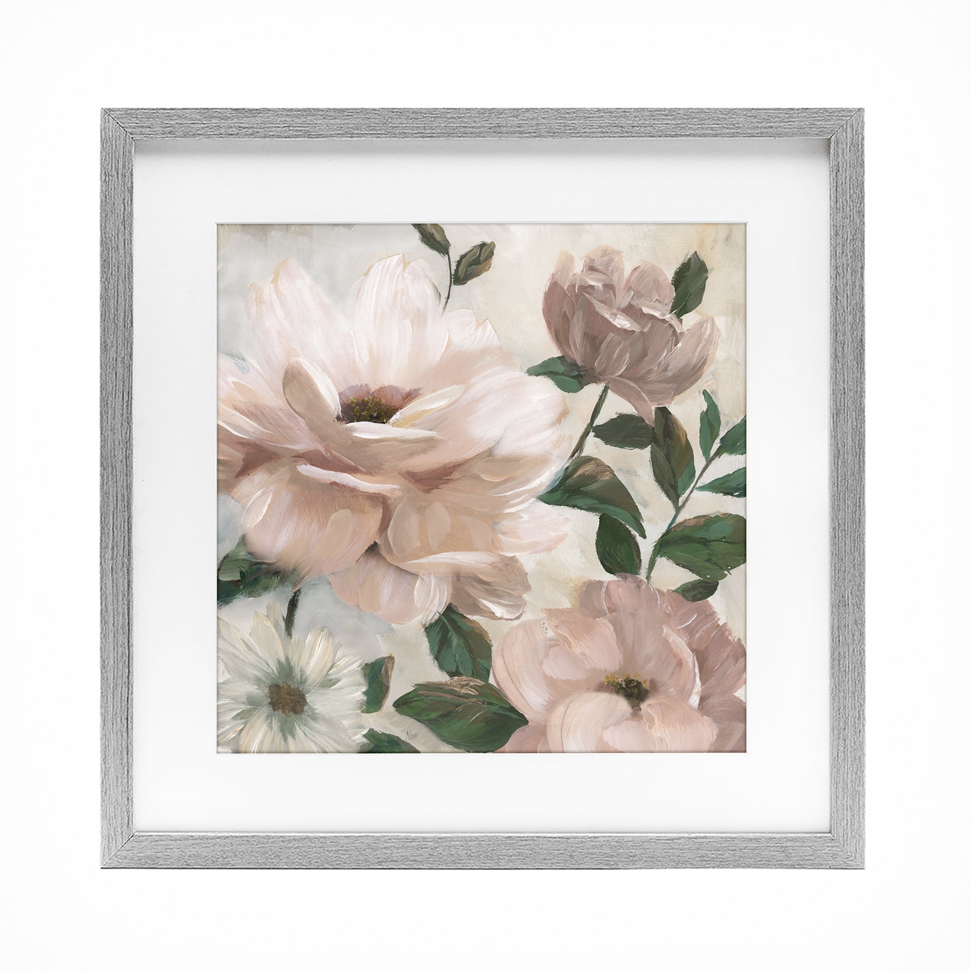 Stupell Industries Budding Blush Peonies & Leaves Gray Framed Print Under Glass, design by Nan