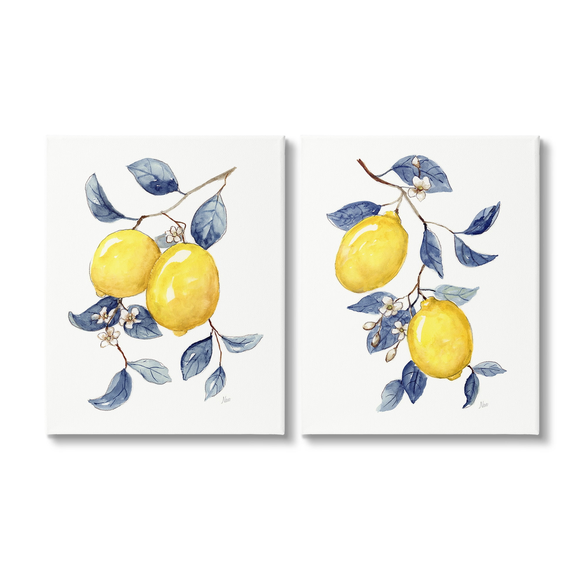 Budding Lemon Blossoms Yellow and Blue Canvas Art Set