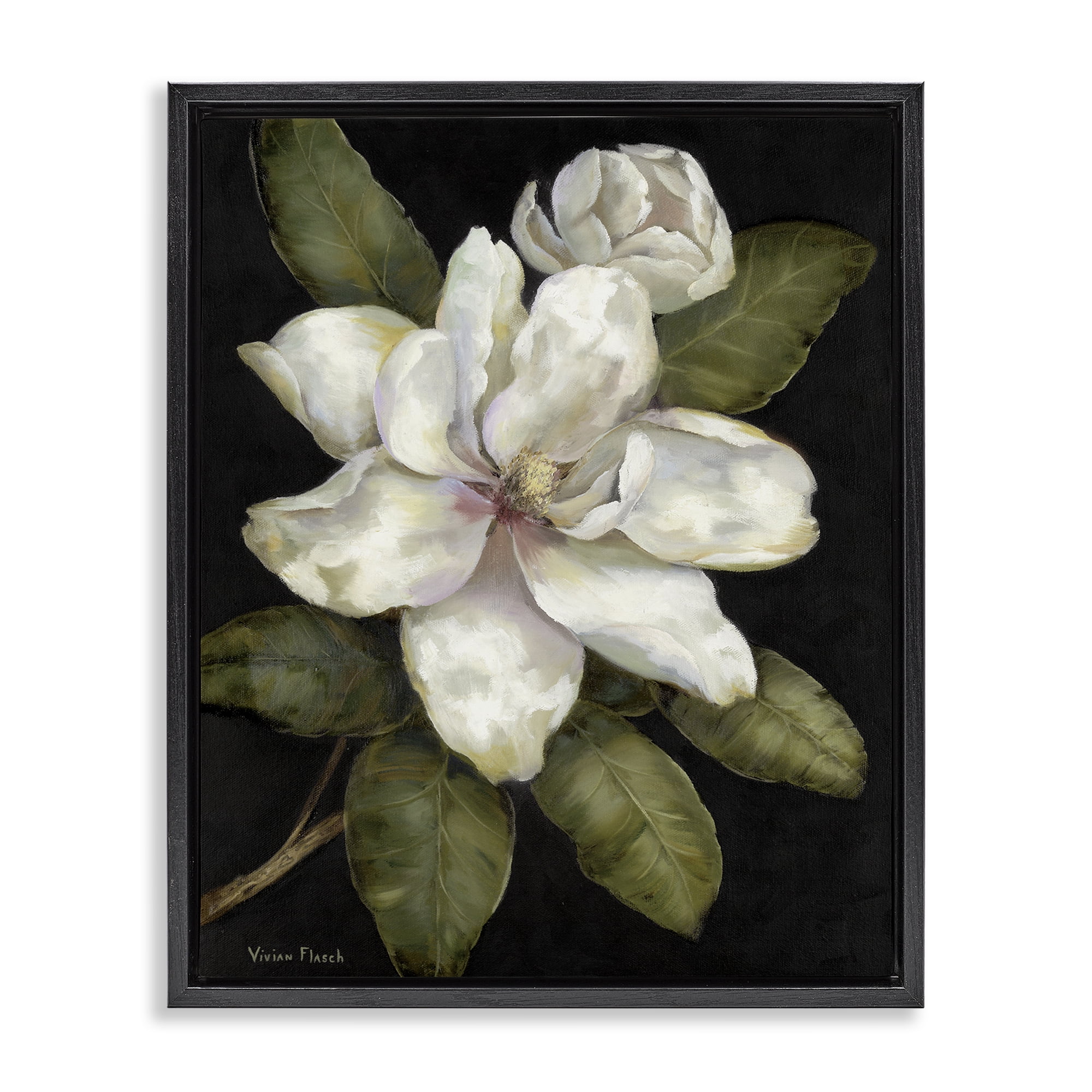 Stupell Industries Budding Magnolia Blooms Black Framed Floater Canvas Wall Art, design by Nan