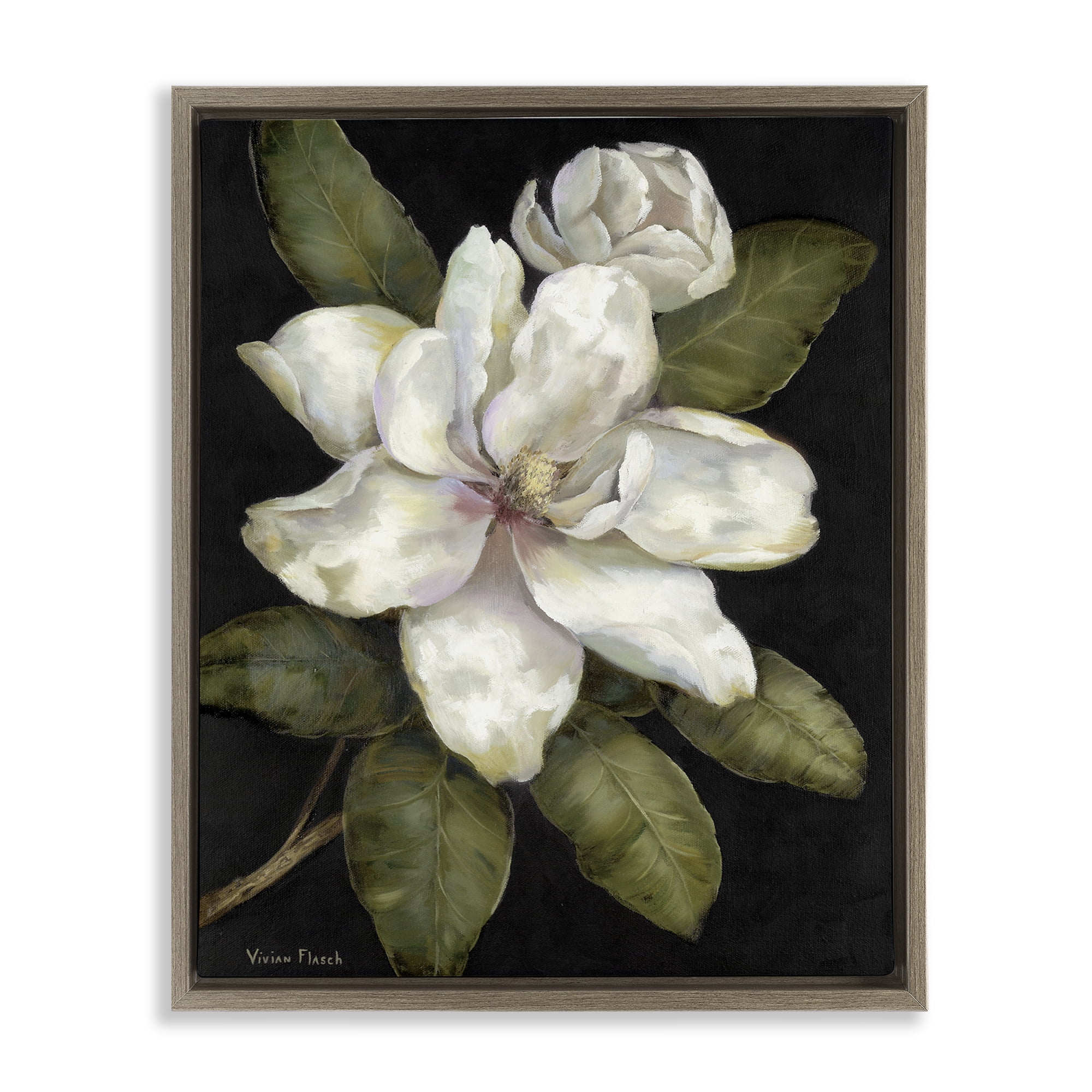 Stupell Industries Budding Magnolia Blooms Brown Framed Floater Canvas Wall Art, design by Nan