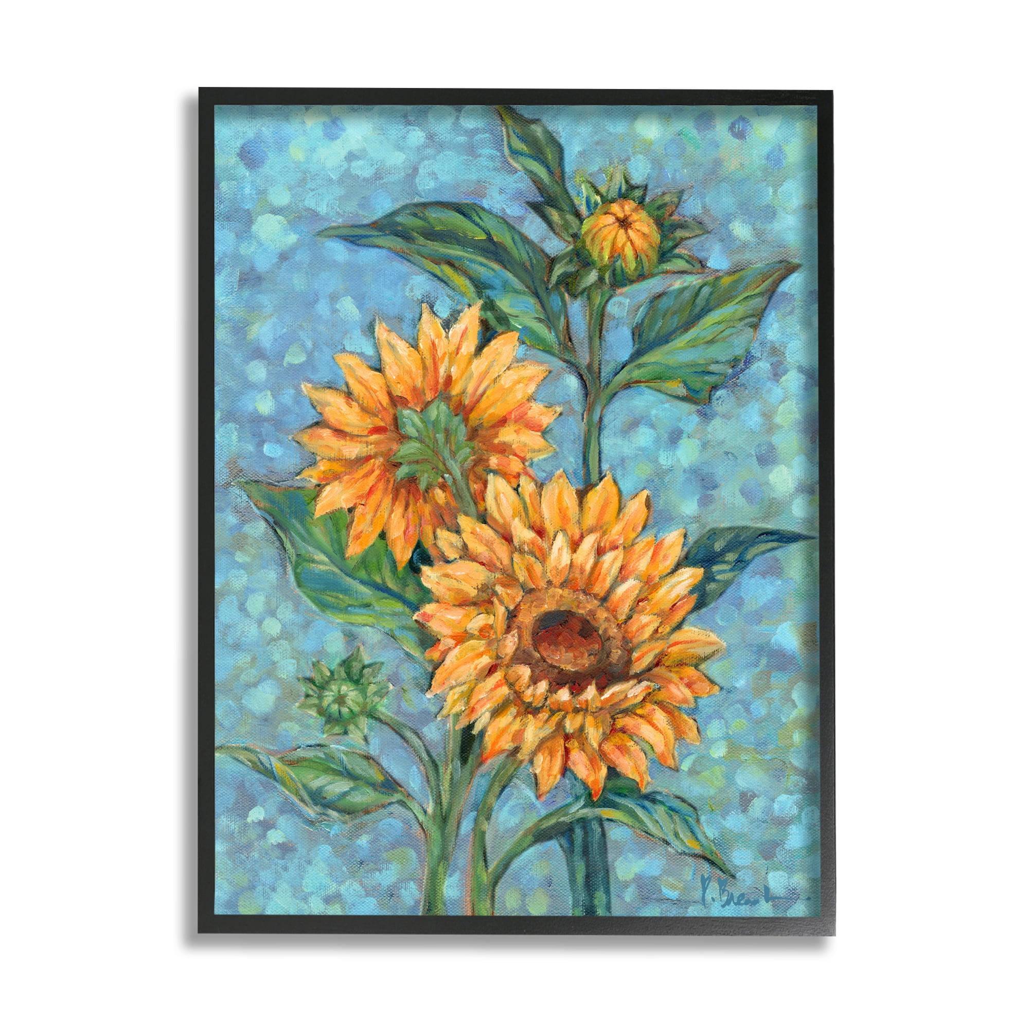 Stupell Industries Budding Sunflowers on Blue Botanical & Floral Painting Black Framed Art Print Wall Art, 11 x 14